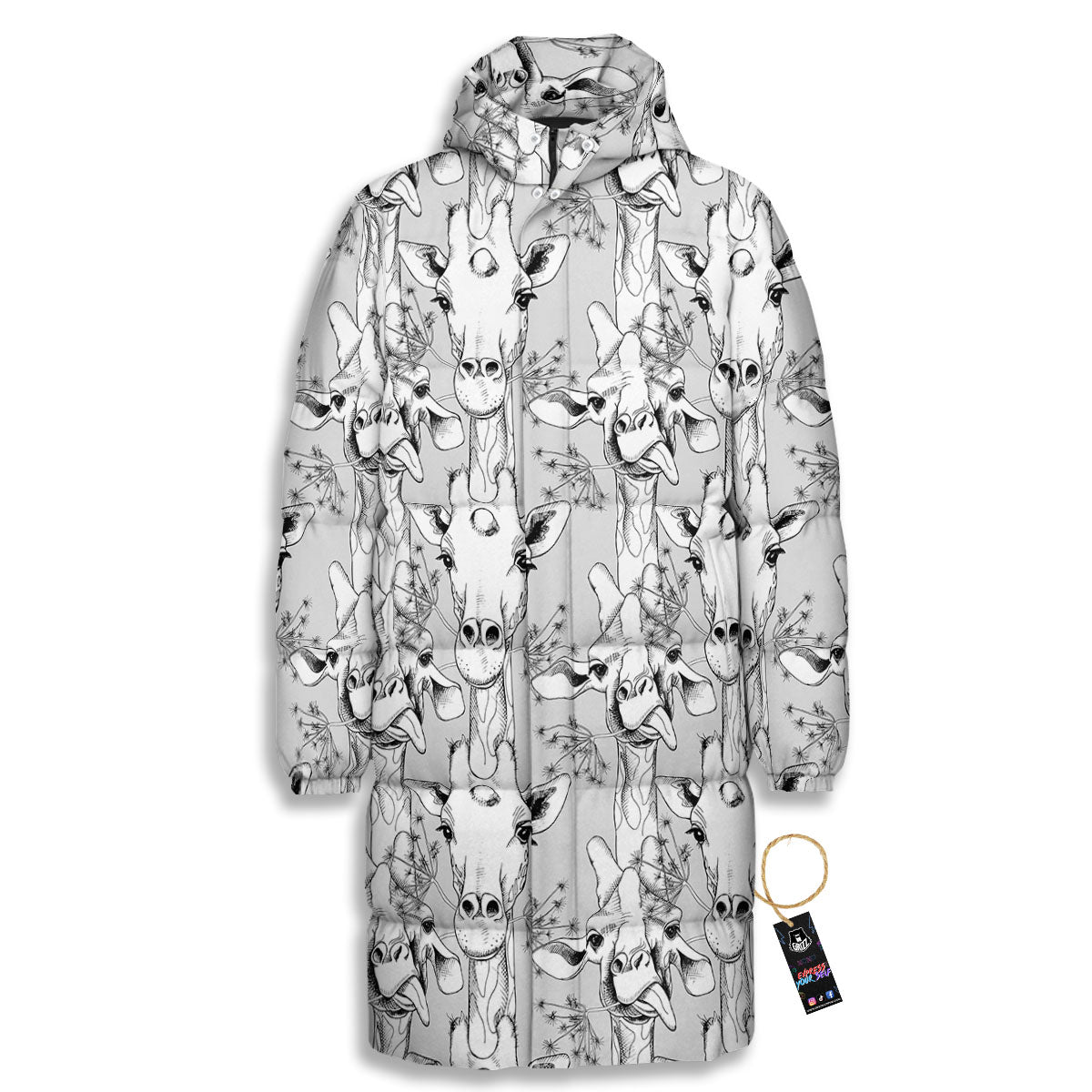 Cartoon Giraffe White And Black Print Long Down Jacket