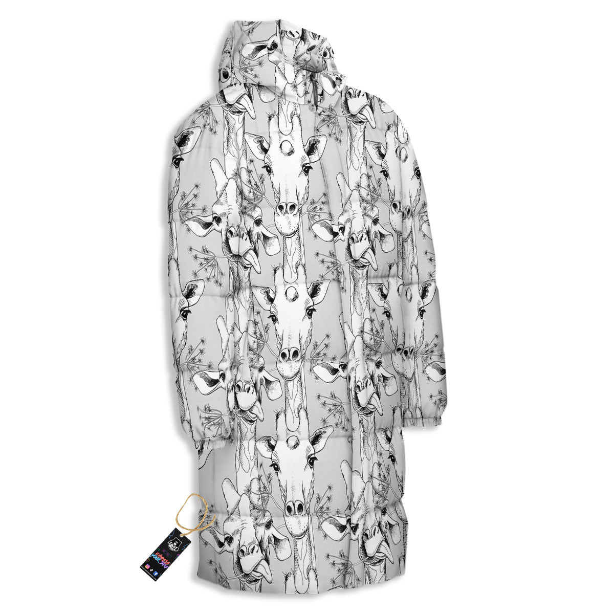 Cartoon Giraffe White And Black Print Long Down Jacket