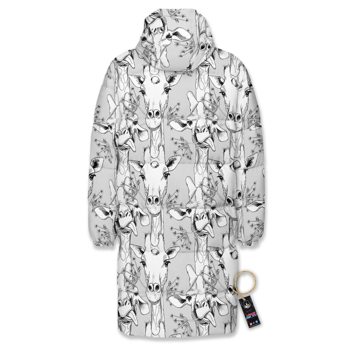 Cartoon Giraffe White And Black Print Long Down Jacket