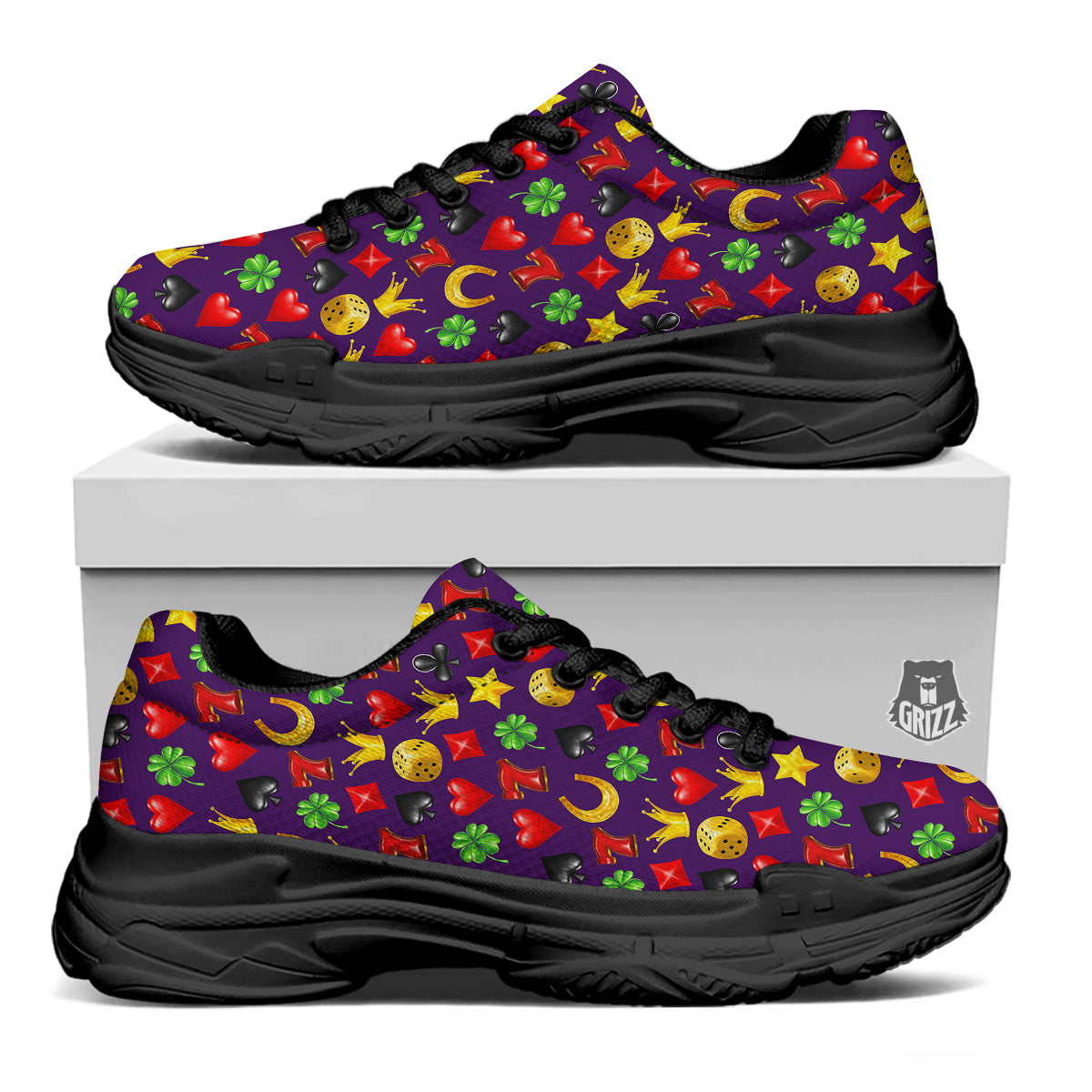 Casino 3D Gambling And Luck Print Pattern Black Chunky Shoes-grizzshop