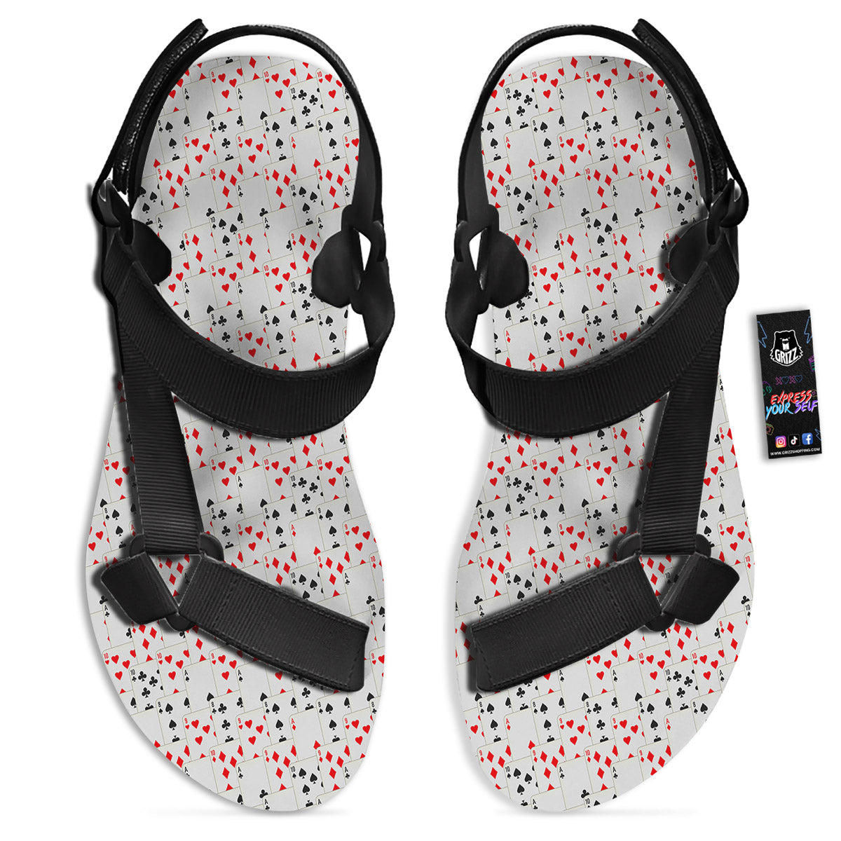 Casino Card Cartoon Print Pattern Black Open Toe Sandals-grizzshop