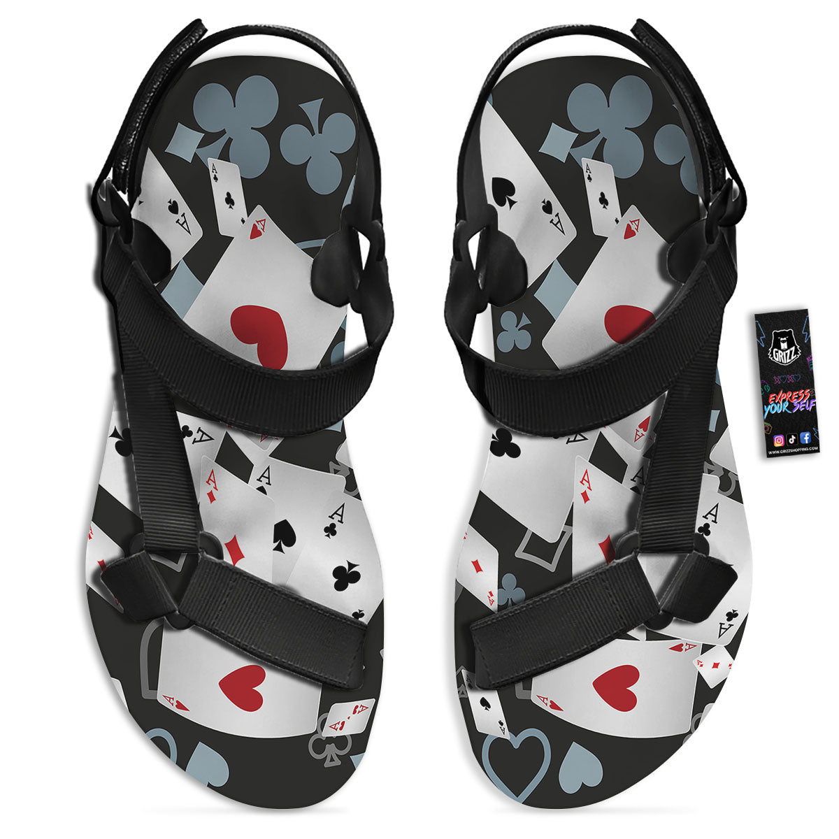 Casino Card Falling Print Black Open Toe Sandals-grizzshop
