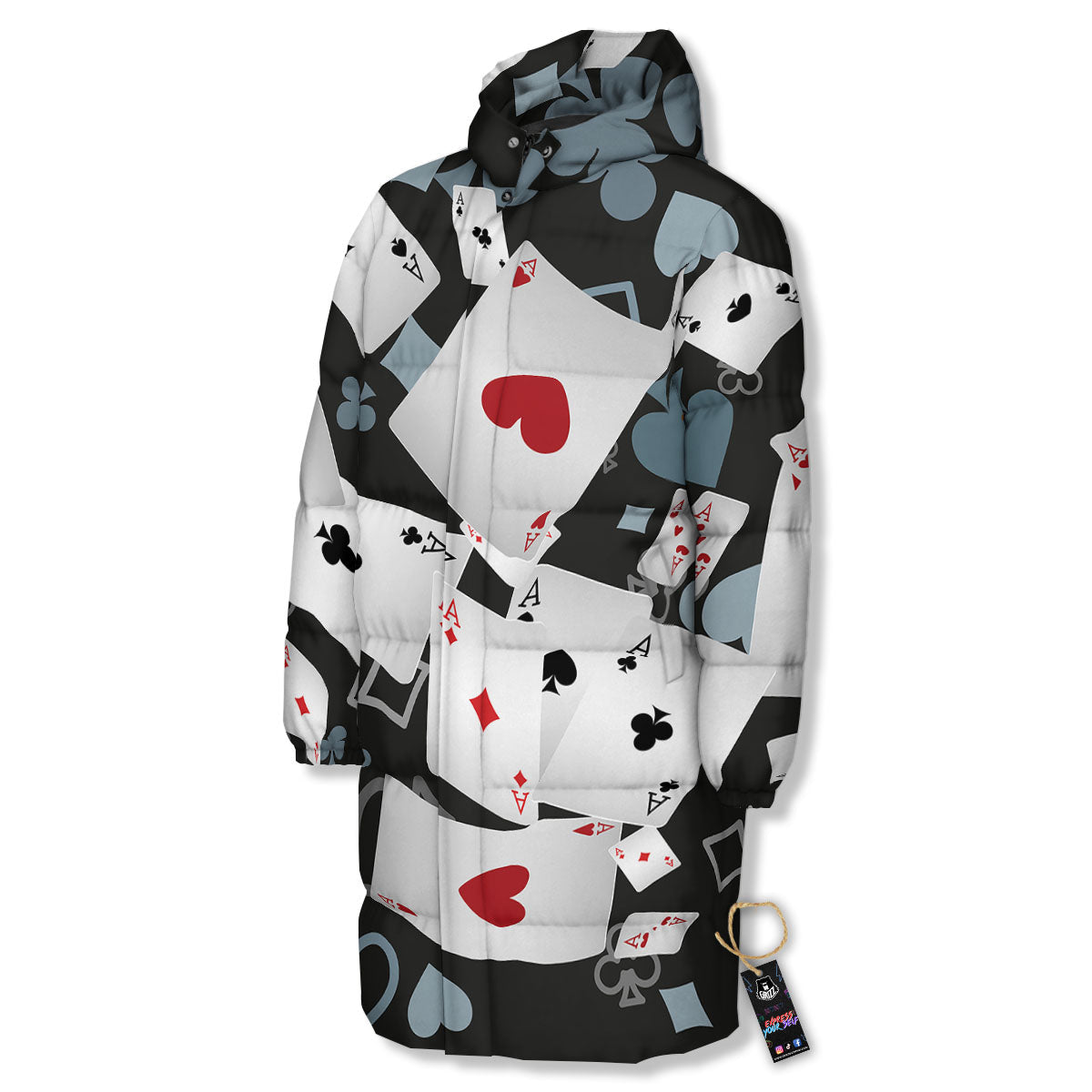 Casino Card Falling Print Long Down Jacket-grizzshop