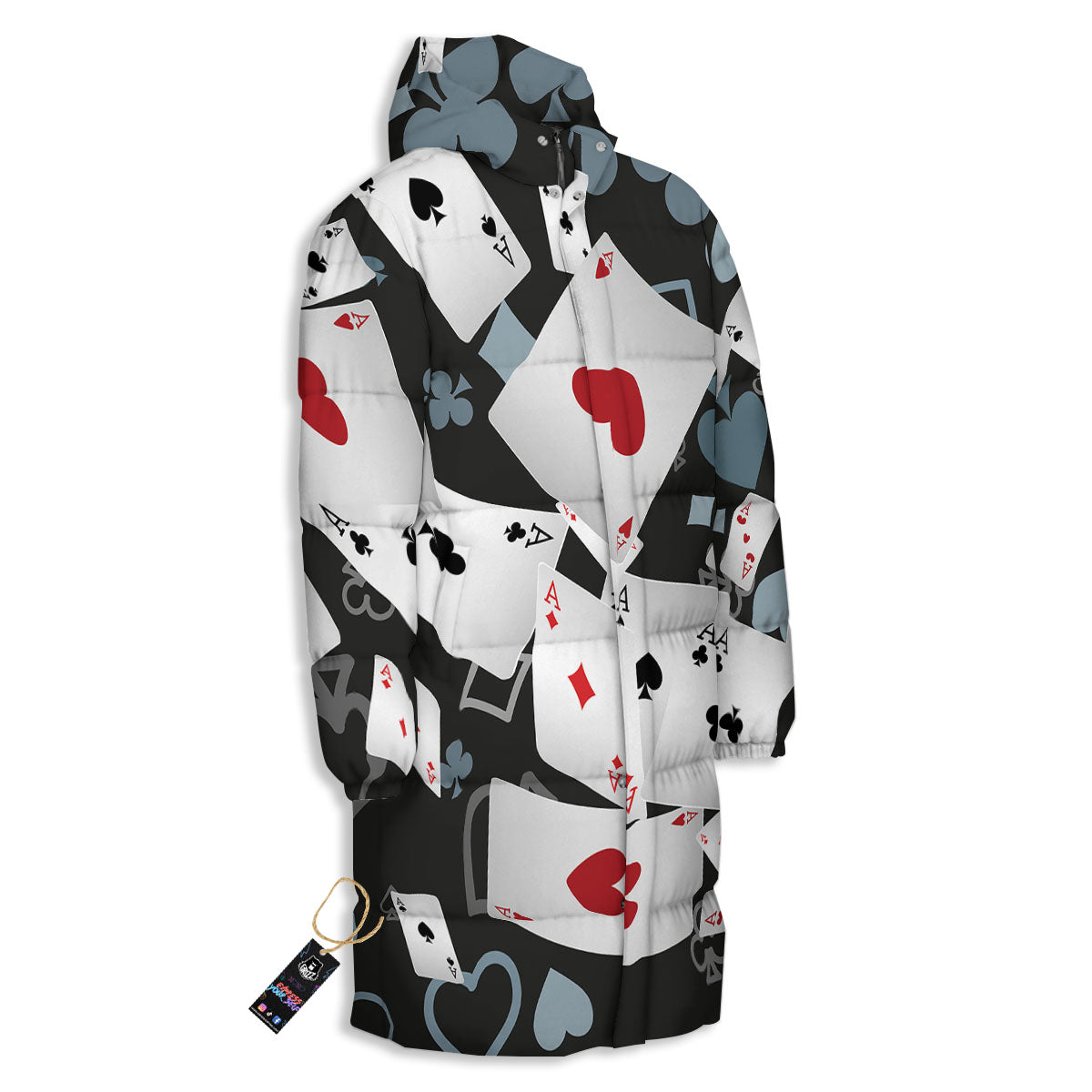 Casino Card Falling Print Long Down Jacket-grizzshop