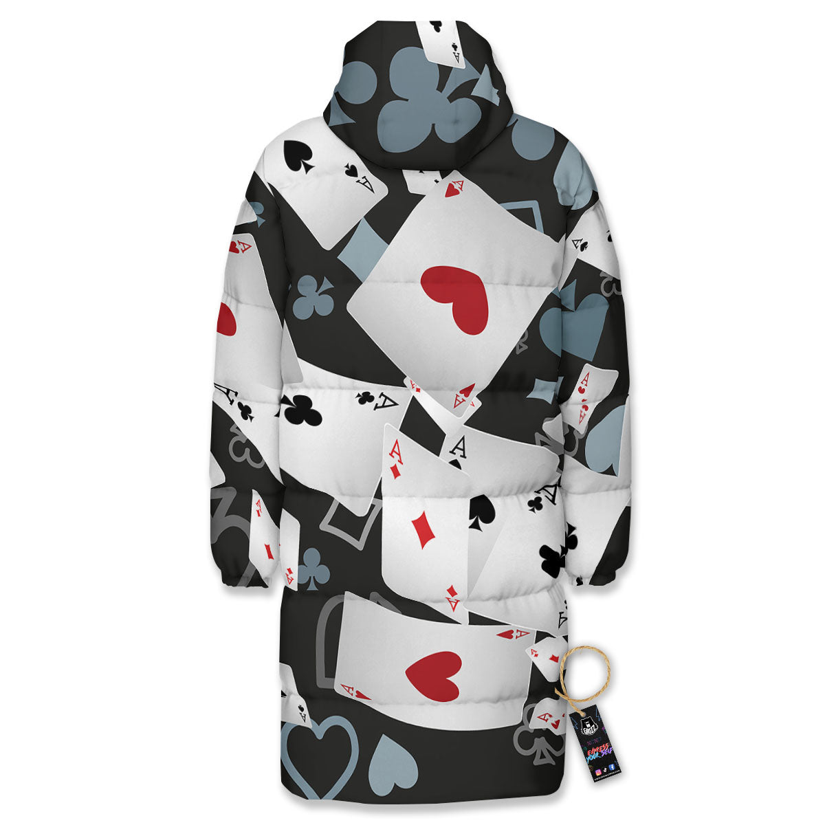 Casino Card Falling Print Long Down Jacket-grizzshop