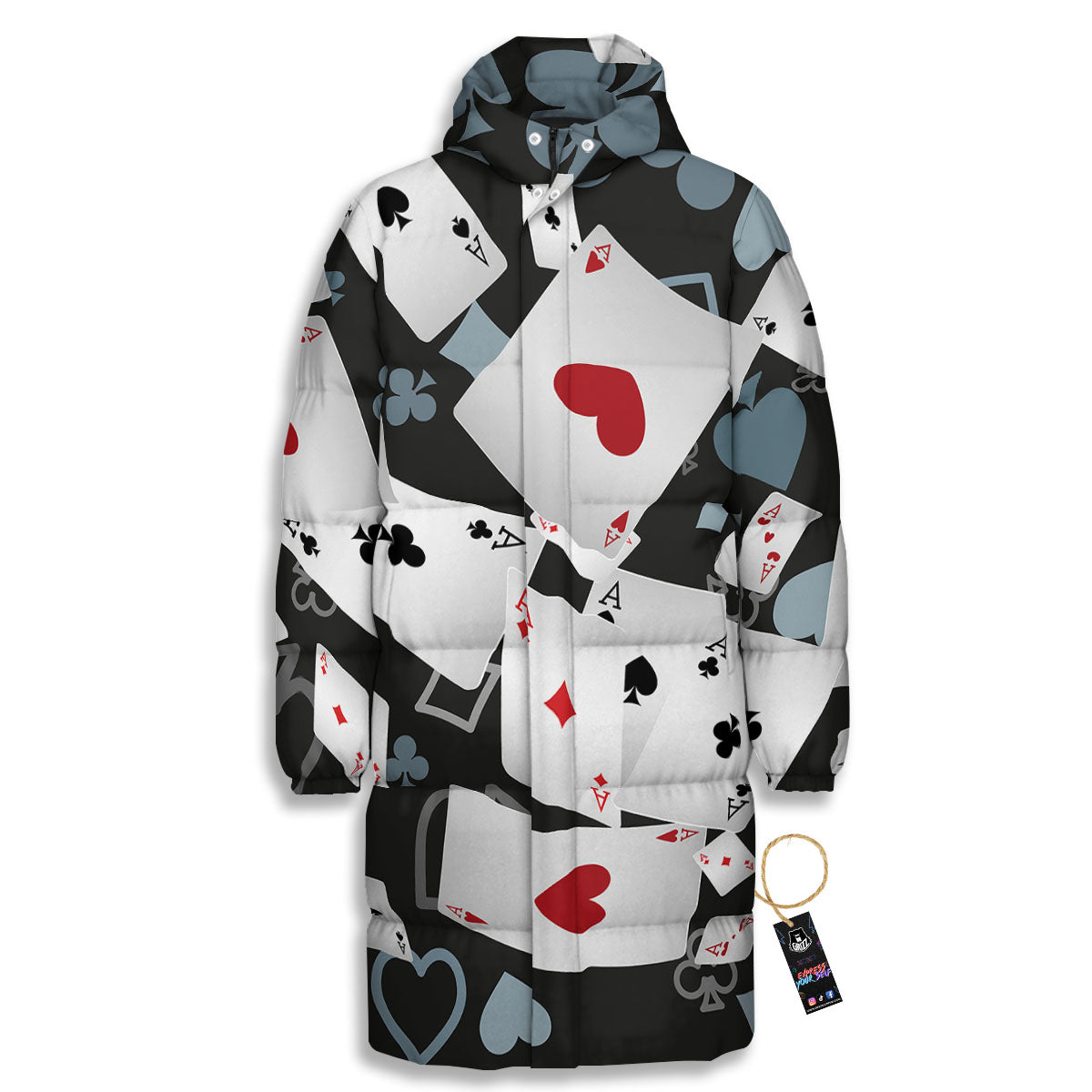 Casino Card Falling Print Long Down Jacket-grizzshop