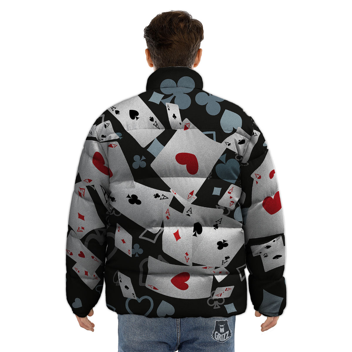 Casino Card Falling Print Puffer Jacket-grizzshop