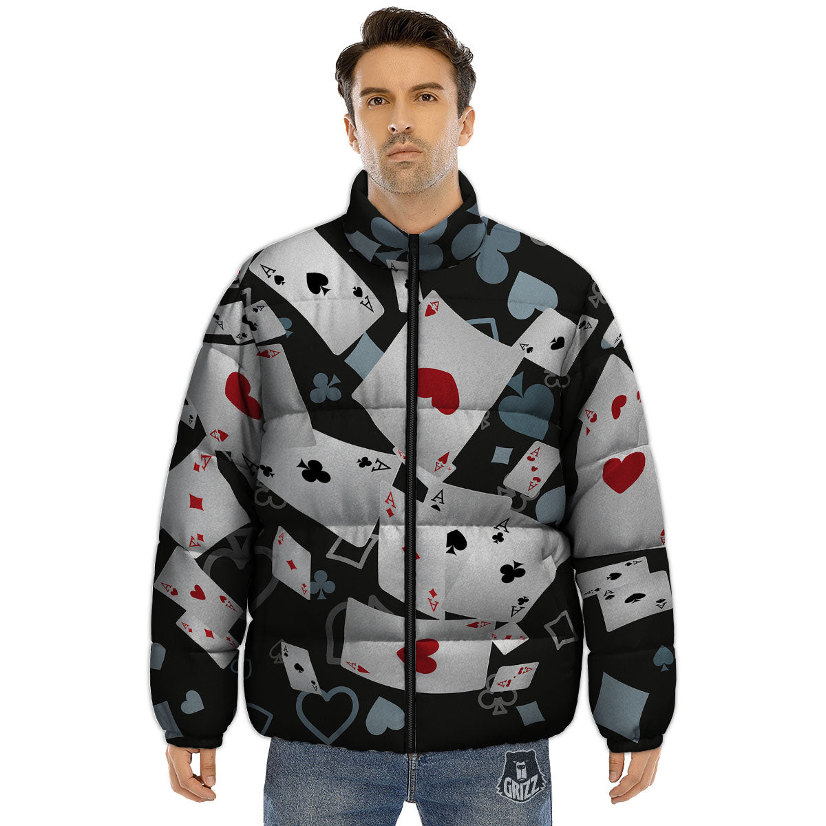 Casino Card Falling Print Puffer Jacket-grizzshop