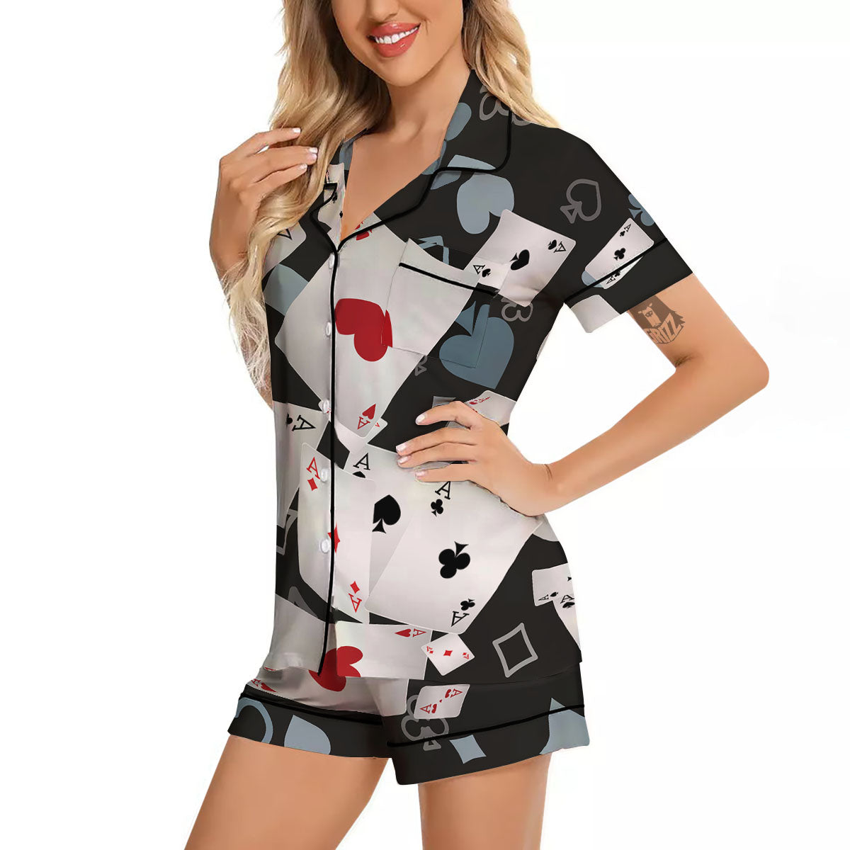 Casino Card Falling Print Women Silk Pajamas-grizzshop