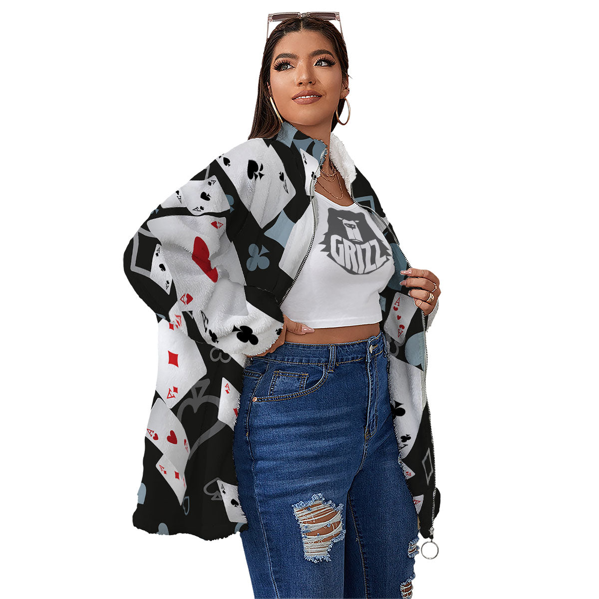 Casino Card Falling Print Women's Sherpa Jacket-grizzshop