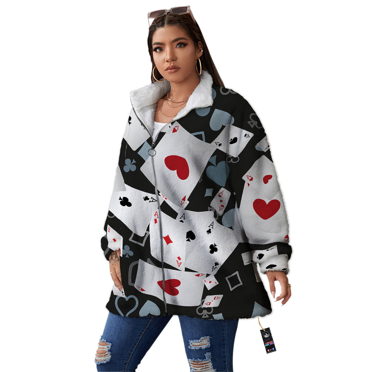 Casino Card Falling Print Women's Sherpa Jacket-grizzshop