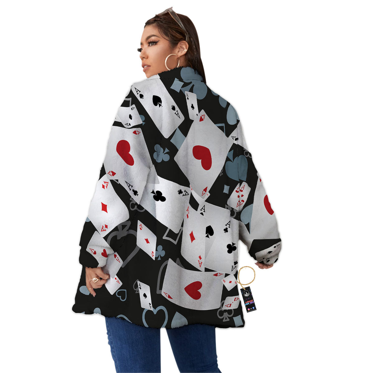 Casino Card Falling Print Women's Sherpa Jacket-grizzshop