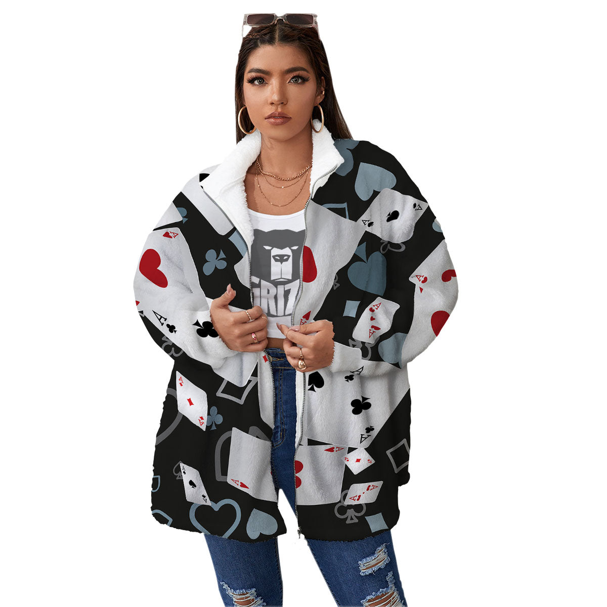 Casino Card Falling Print Women's Sherpa Jacket-grizzshop