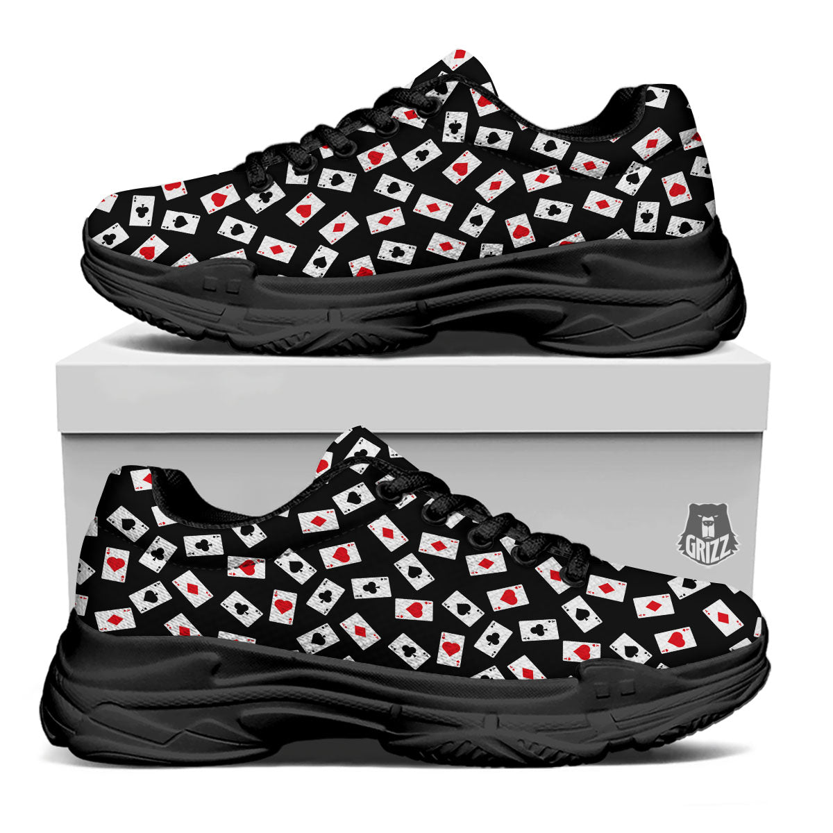 Casino Card Red And Black Print Pattern Black Chunky Shoes-grizzshop
