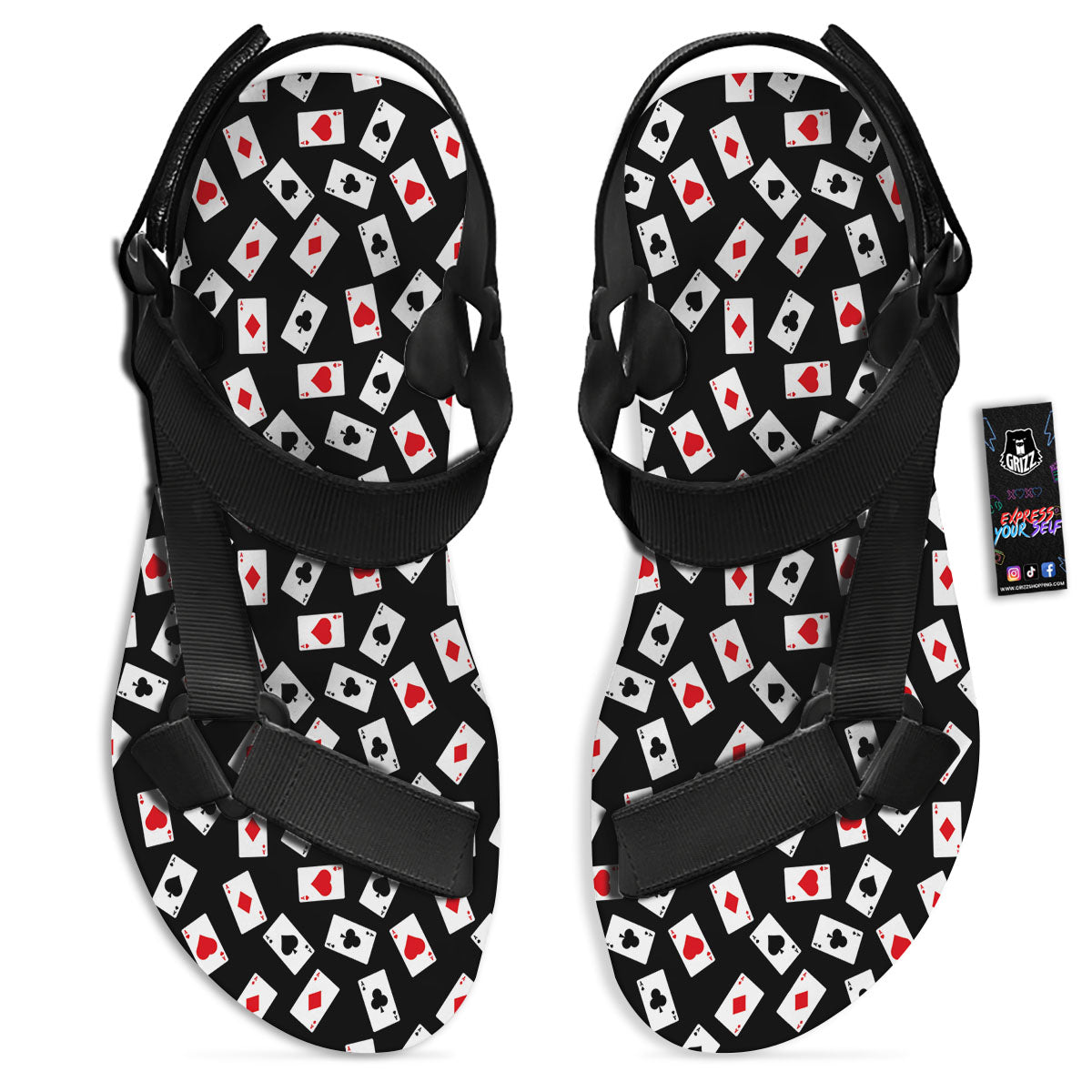 Casino Card Red And Black Print Pattern Black Open Toe Sandals-grizzshop