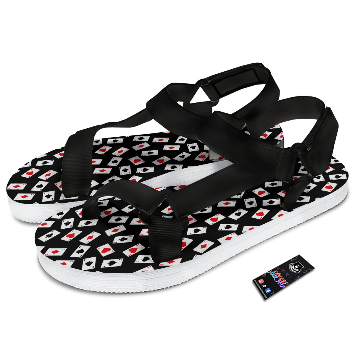 Casino Card Red And Black Print Pattern Black Open Toe Sandals-grizzshop