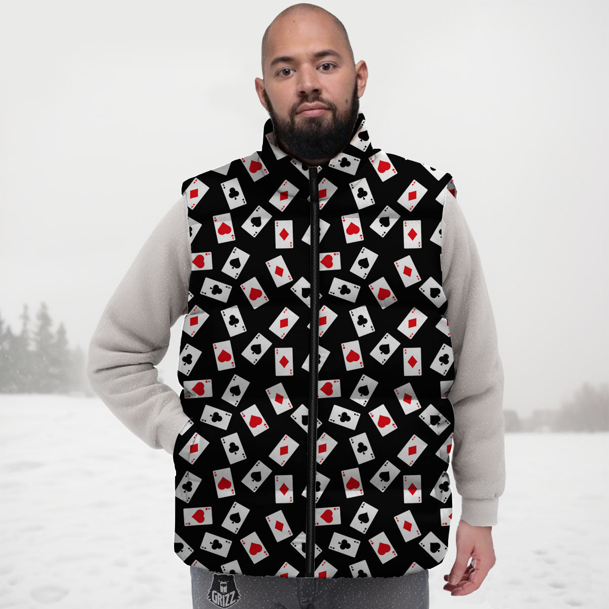 Casino Card Red And Black Print Pattern Down Vest