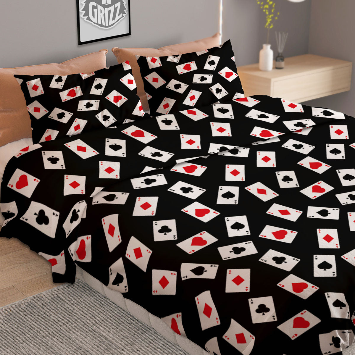 Casino Card Red And Black Print Pattern Duvet Cover Bedding Set