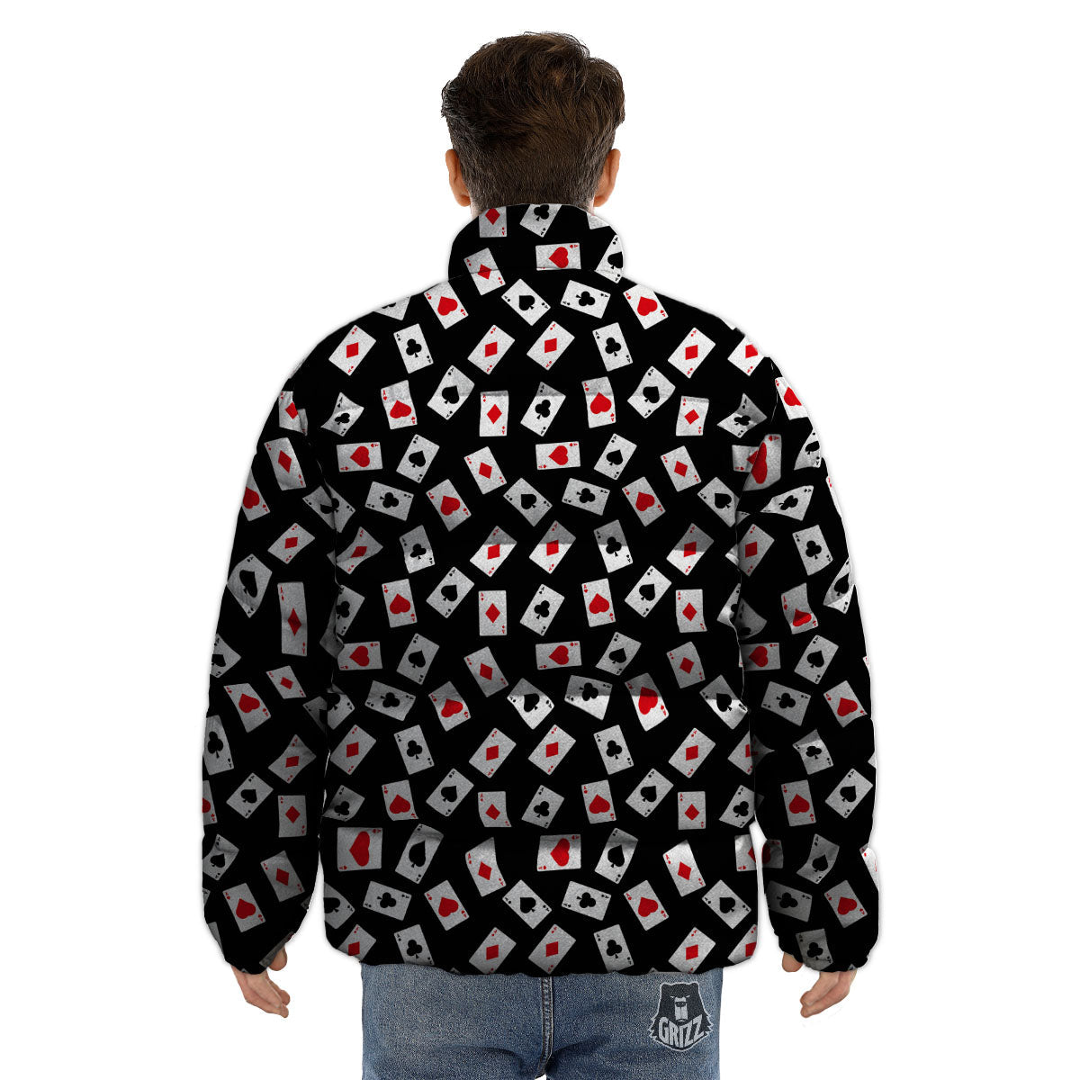 Casino Card Red And Black Print Pattern Puffer Jacket-grizzshop