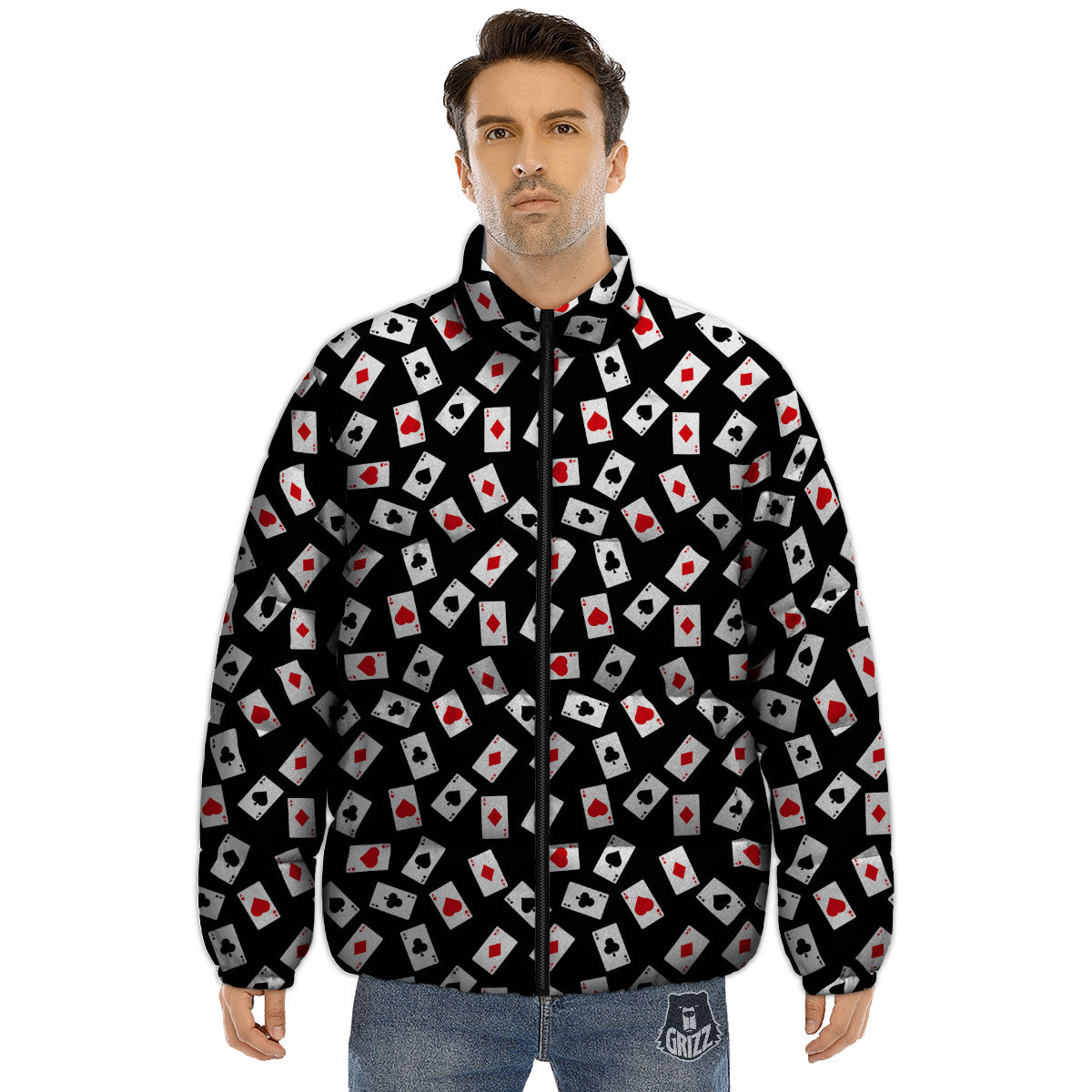 Casino Card Red And Black Print Pattern Puffer Jacket-grizzshop