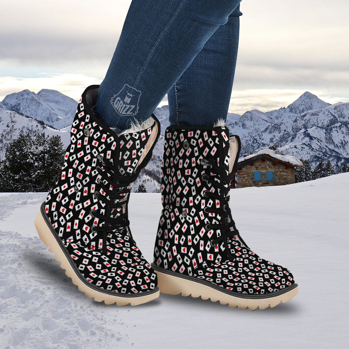 Casino Card Red And Black Print Pattern Snow Boots-grizzshop
