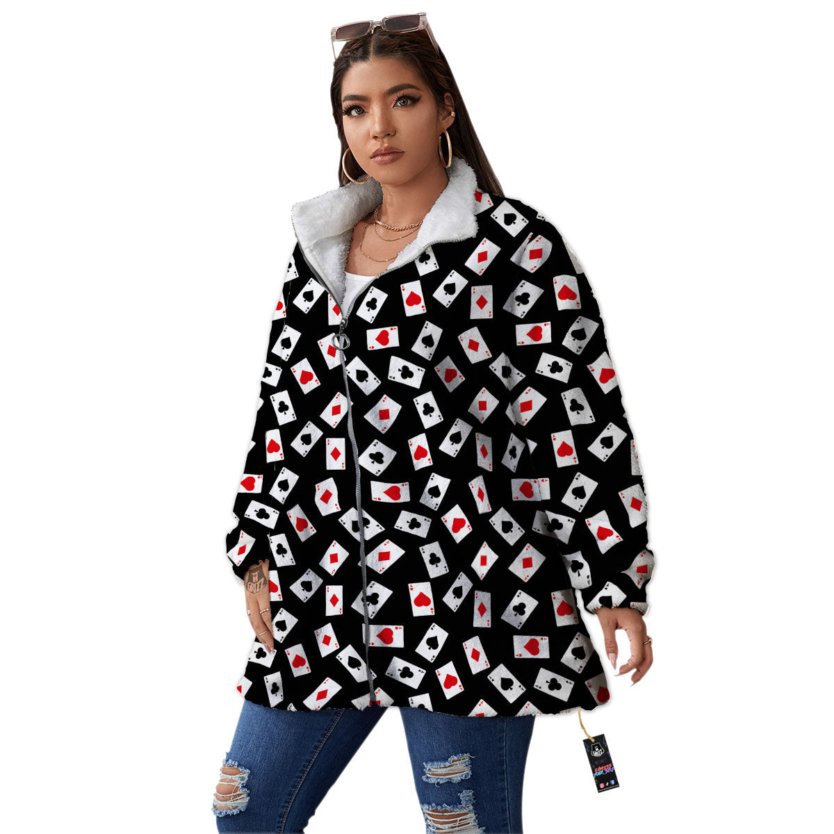 Casino Card Red And Black Print Pattern Women's Sherpa Jacket-grizzshop