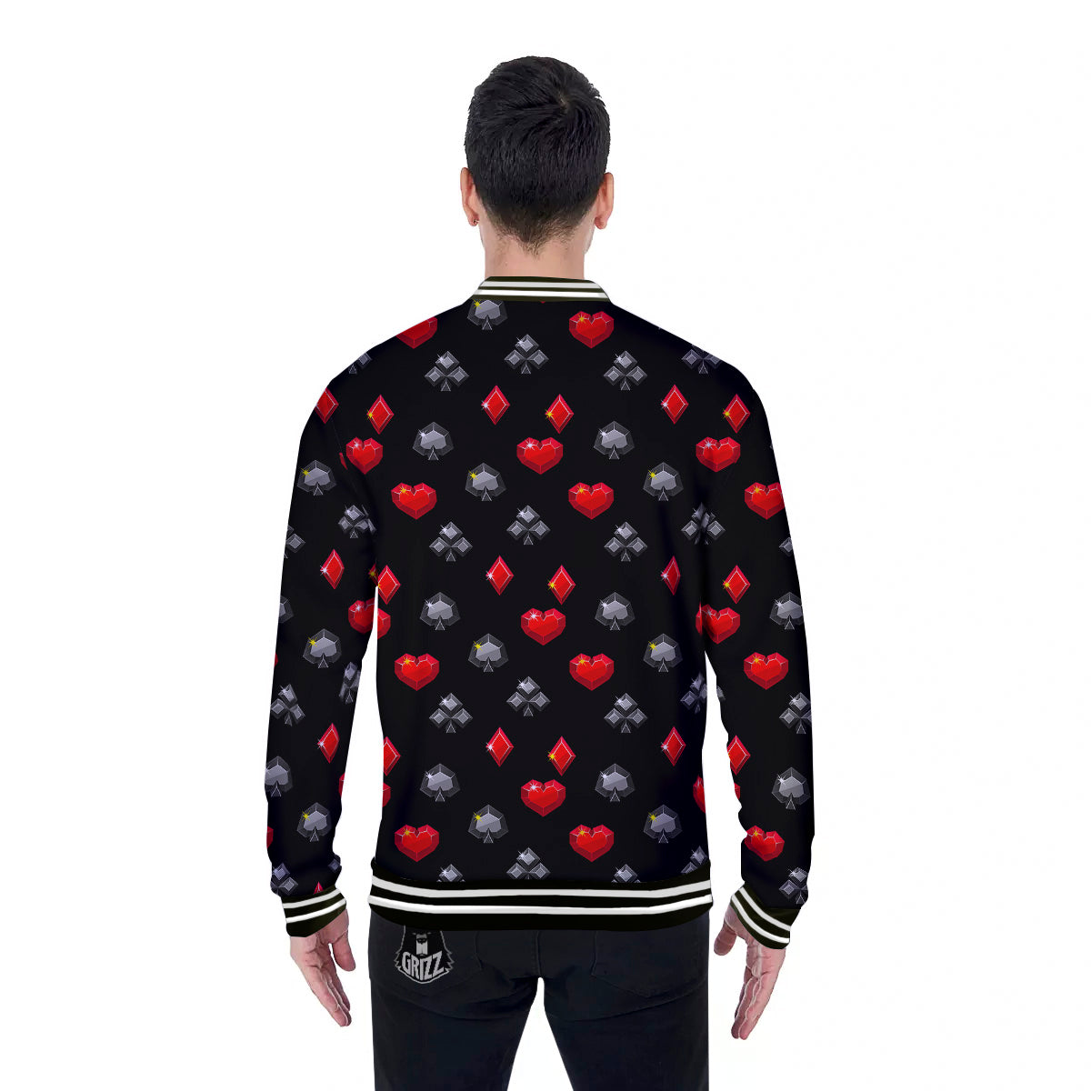 Casino Card Suits Red Black Print Pattern Baseball Jacket-grizzshop