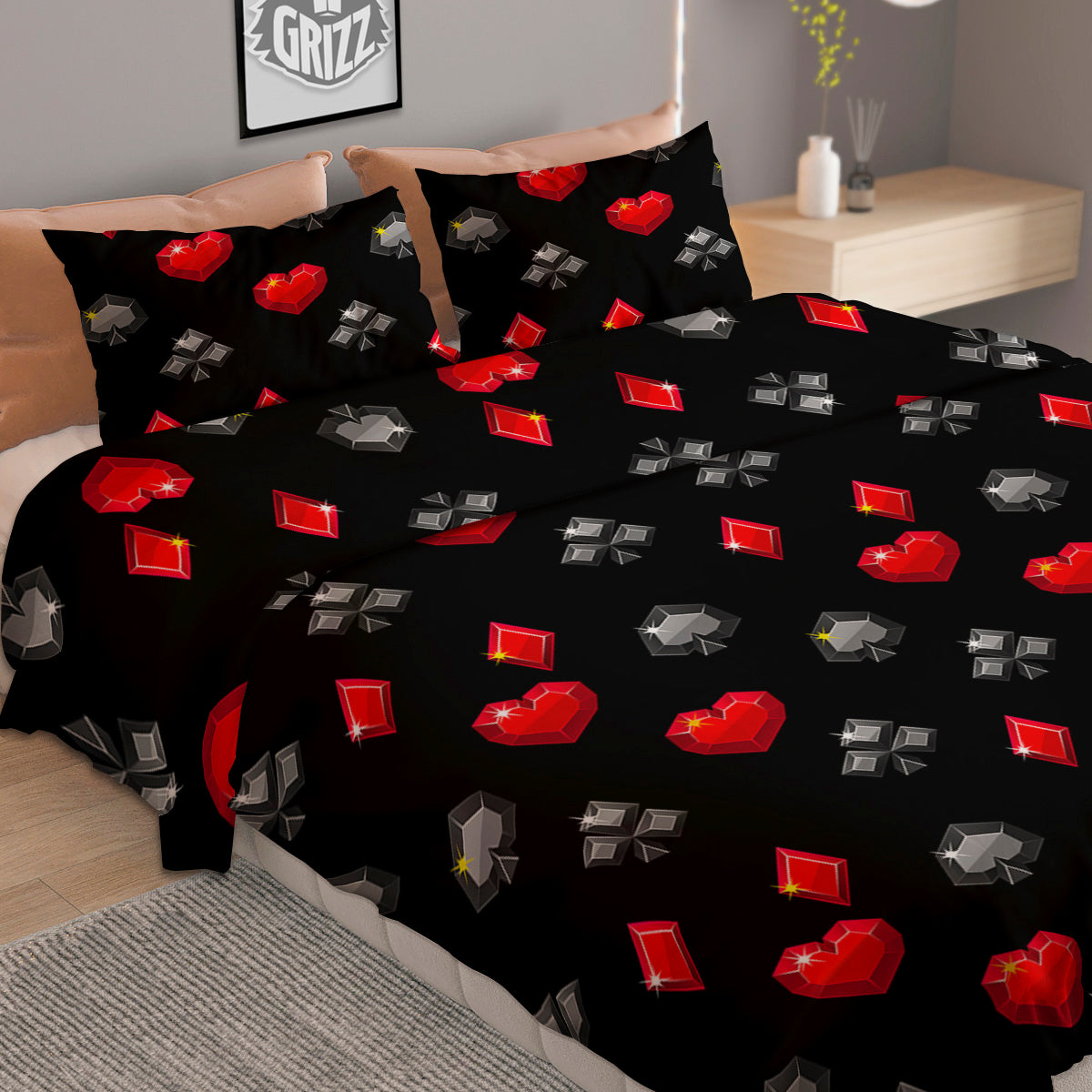 Casino Card Suits Red Black Print Pattern Duvet Cover Bedding Set