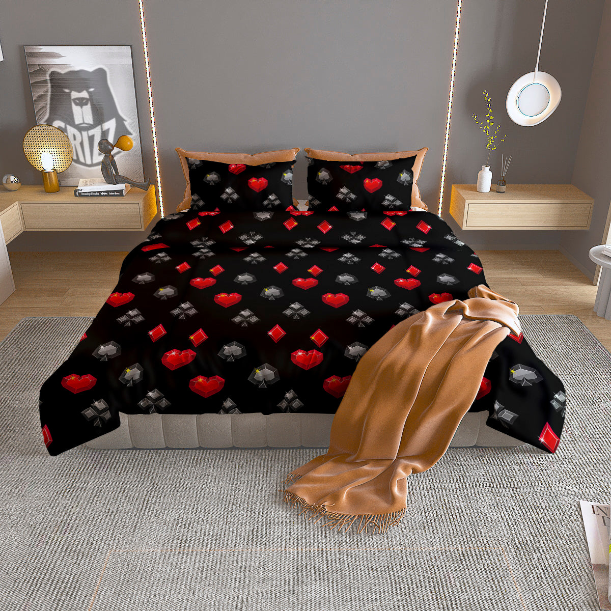 Casino Card Suits Red Black Print Pattern Duvet Cover Bedding Set