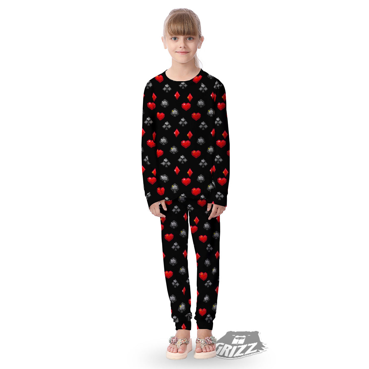 Casino Card Suits Red Black Print Pattern Kid's Pajamas-grizzshop