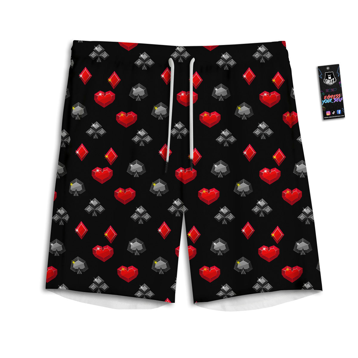 Casino Card Suits Red Black Print Pattern Men's Athletic Shorts