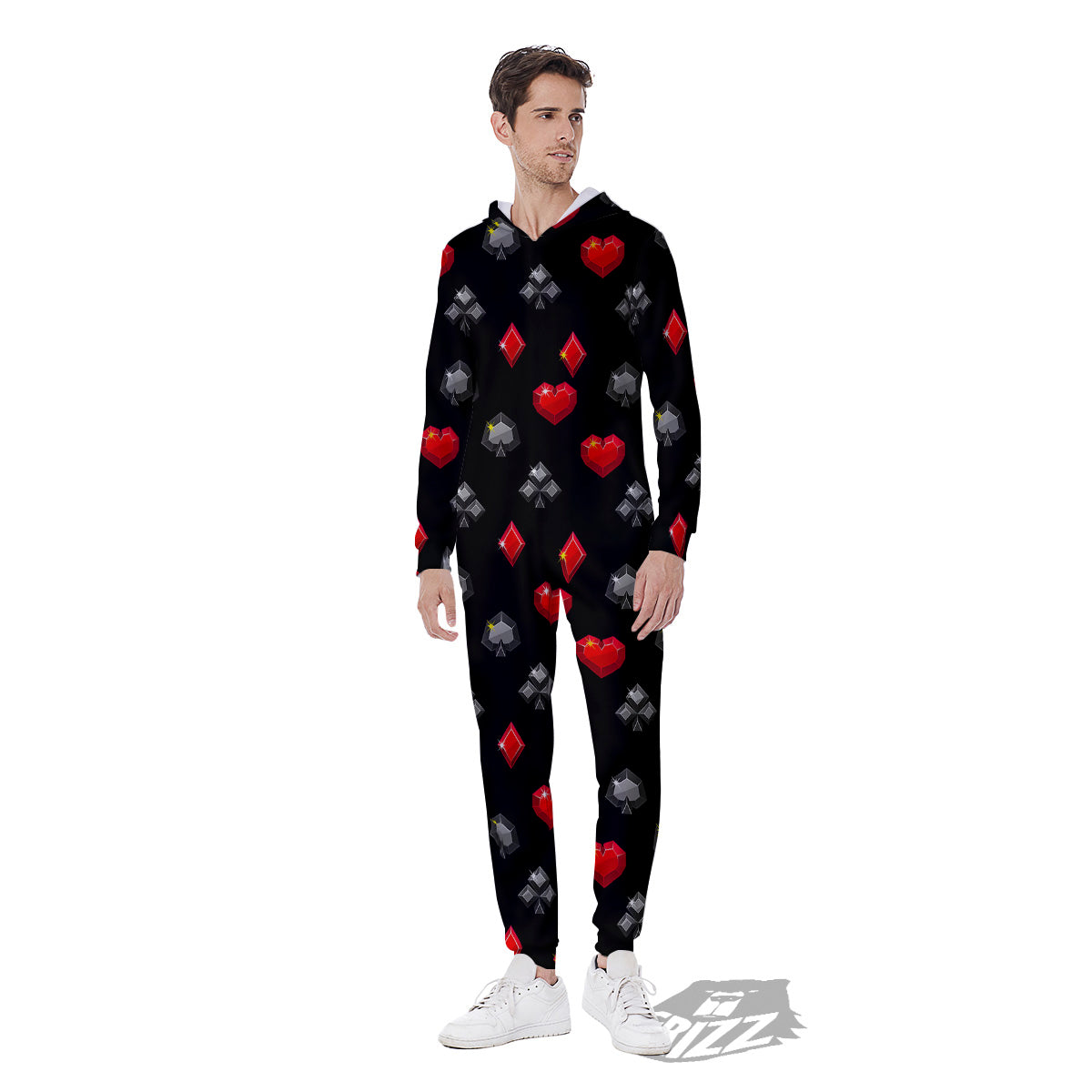 Casino Card Suits Red Black Print Pattern Men's Jumpsuit-grizzshop