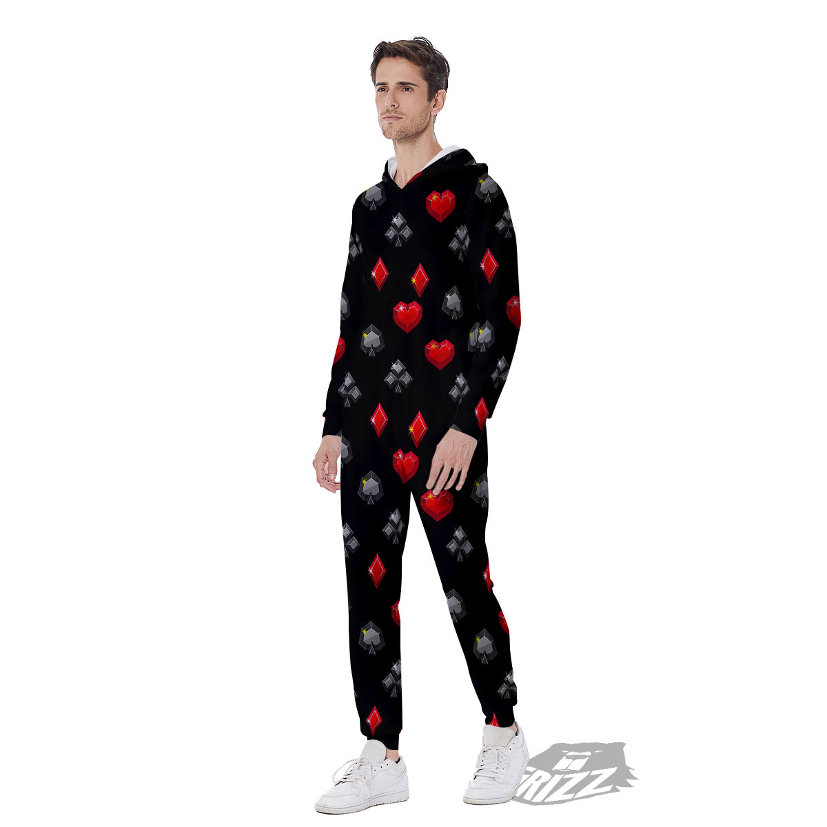 Casino Card Suits Red Black Print Pattern Men's Jumpsuit-grizzshop