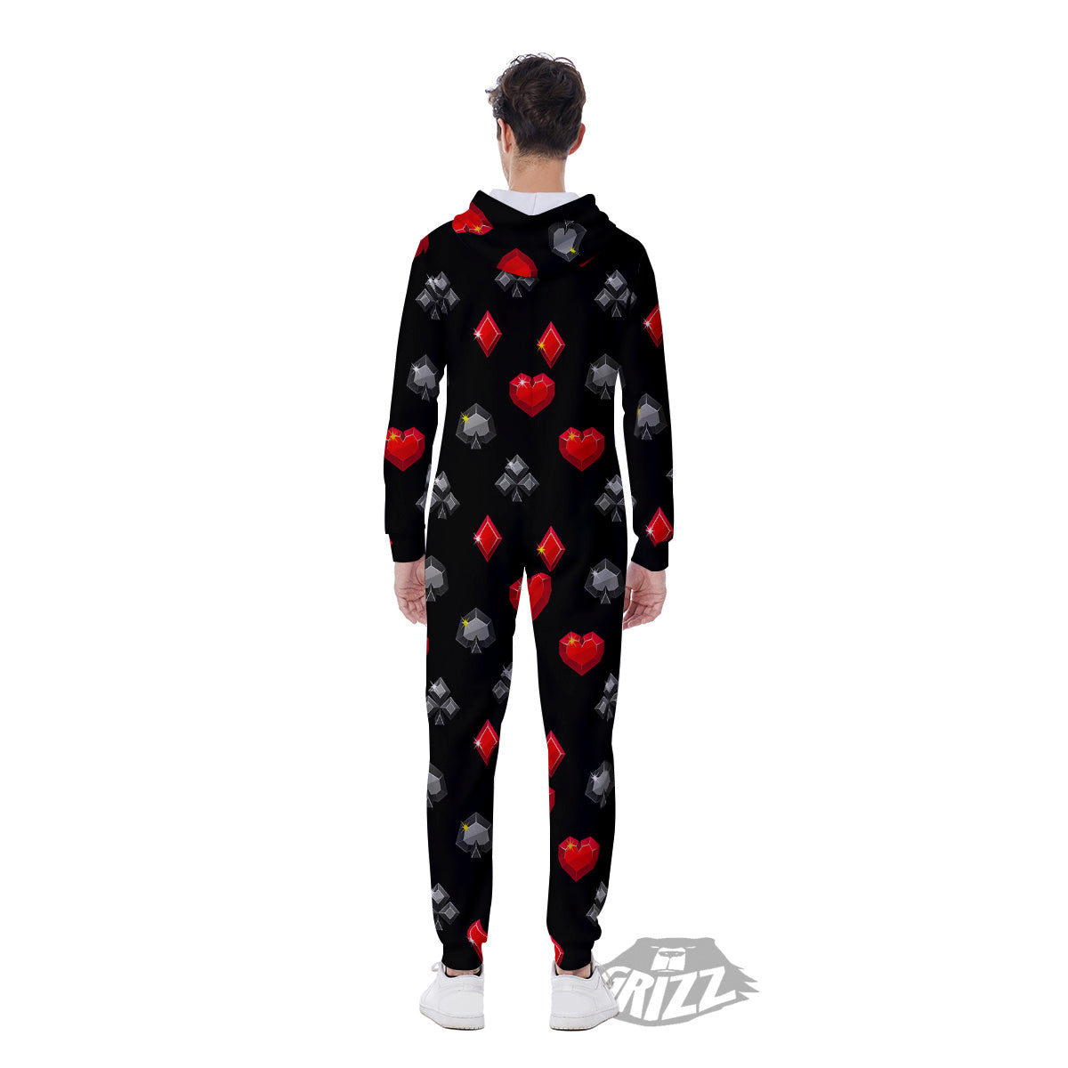 Casino Card Suits Red Black Print Pattern Men's Jumpsuit-grizzshop