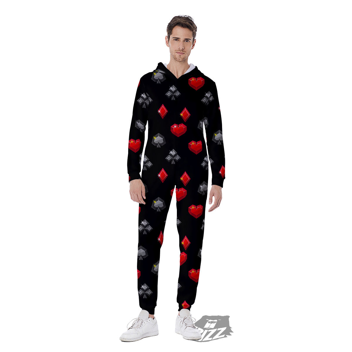 Casino Card Suits Red Black Print Pattern Men's Jumpsuit-grizzshop