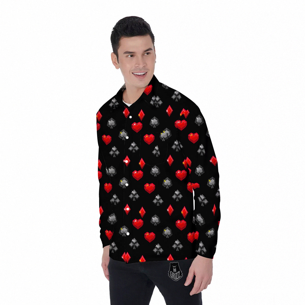 Casino Card Suits Red Black Print Pattern Men's Long Sleeve Shirts-grizzshop