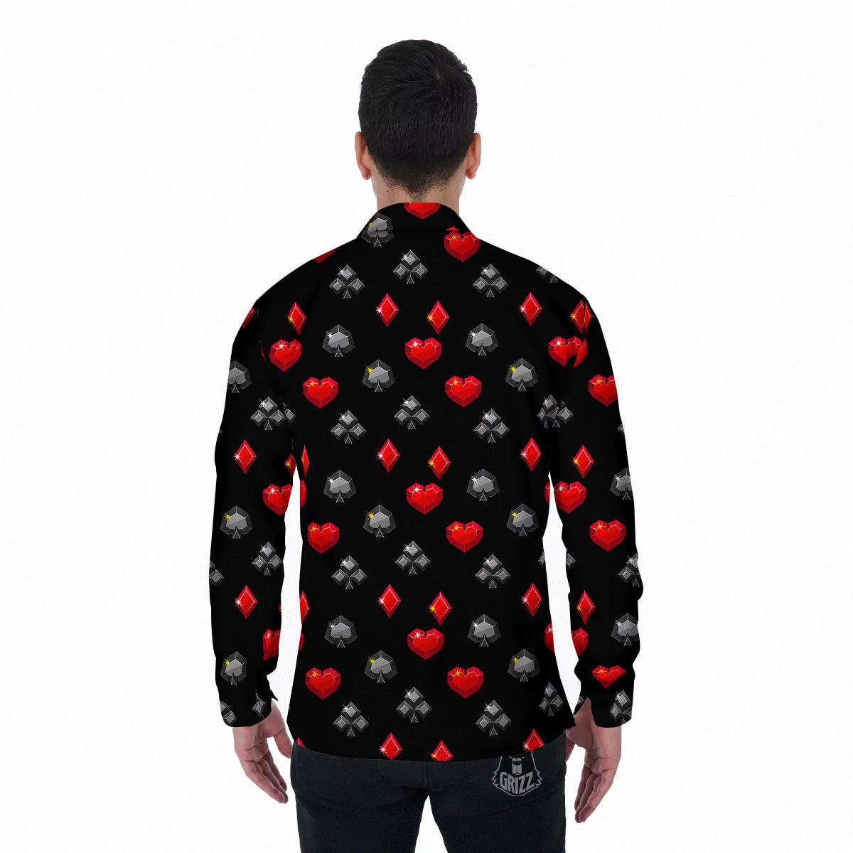 Casino Card Suits Red Black Print Pattern Men's Long Sleeve Shirts-grizzshop