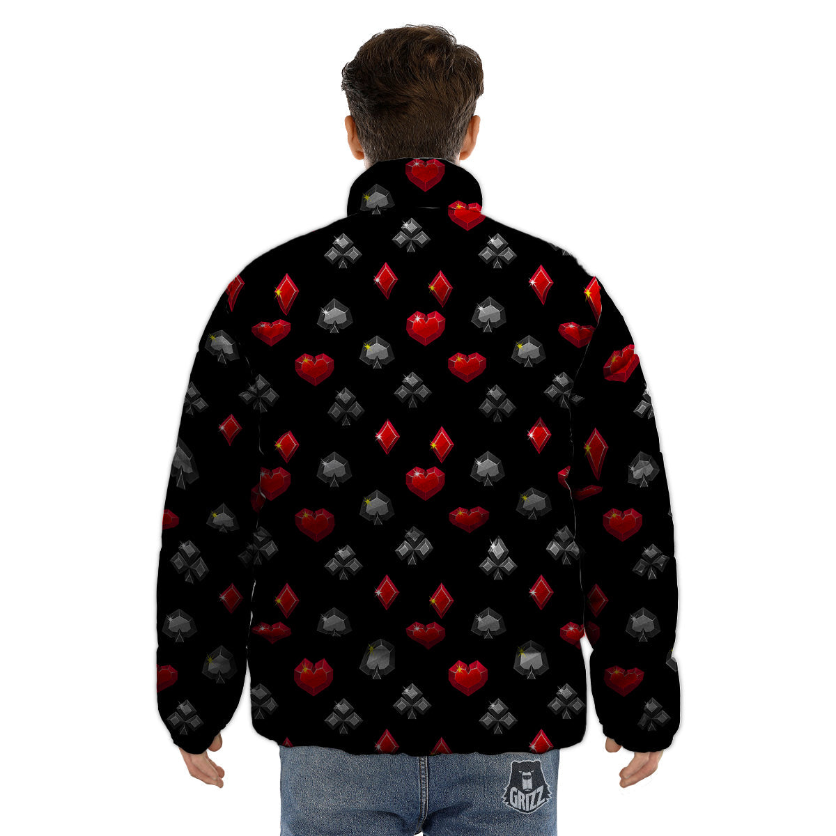 Casino Card Suits Red Black Print Pattern Puffer Jacket-grizzshop