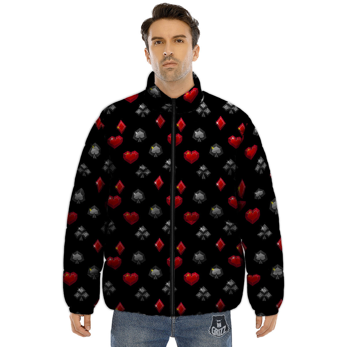 Casino Card Suits Red Black Print Pattern Puffer Jacket-grizzshop