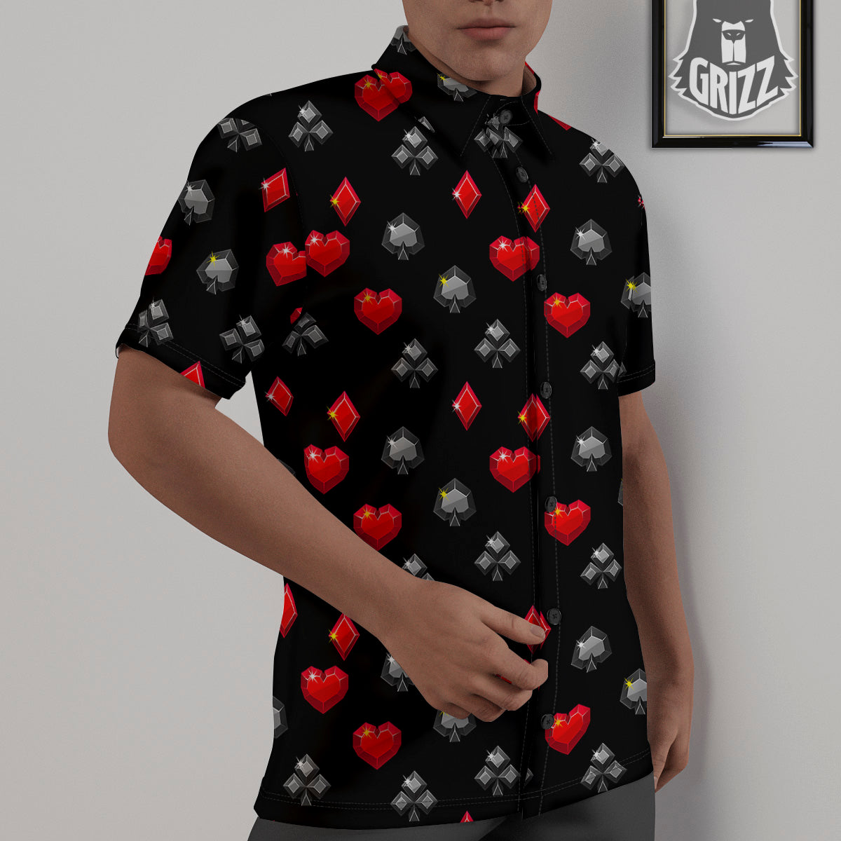 Casino Card Suits Red Black Print Pattern Untucked Shirts-grizzshop