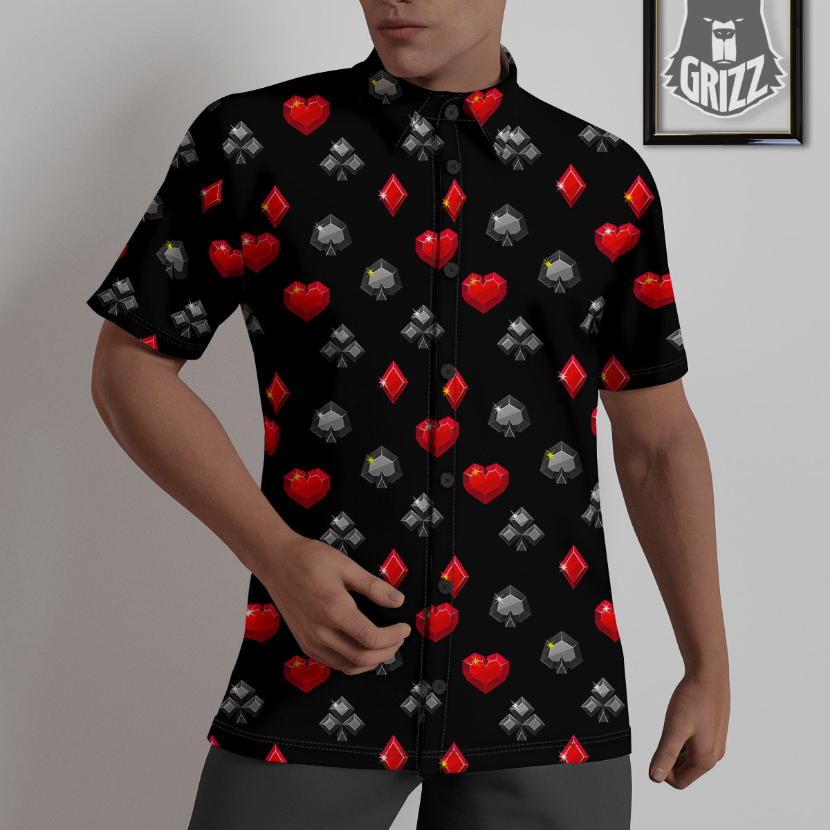 Casino Card Suits Red Black Print Pattern Untucked Shirts-grizzshop