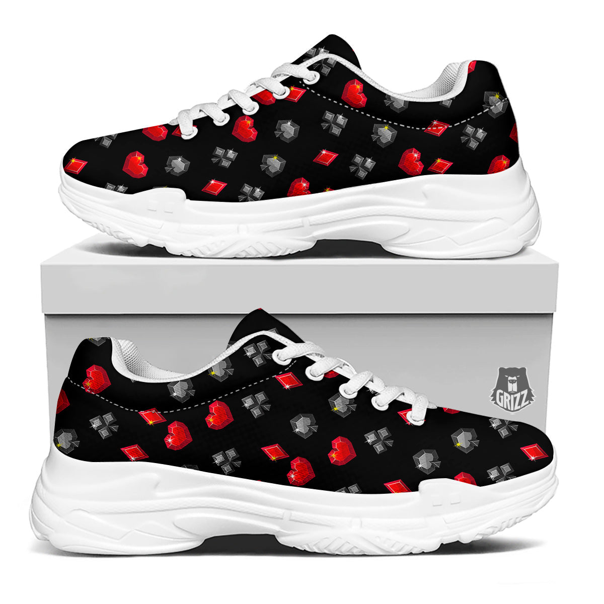 Casino Card Suits Red Black Print Pattern White Chunky Shoes-grizzshop