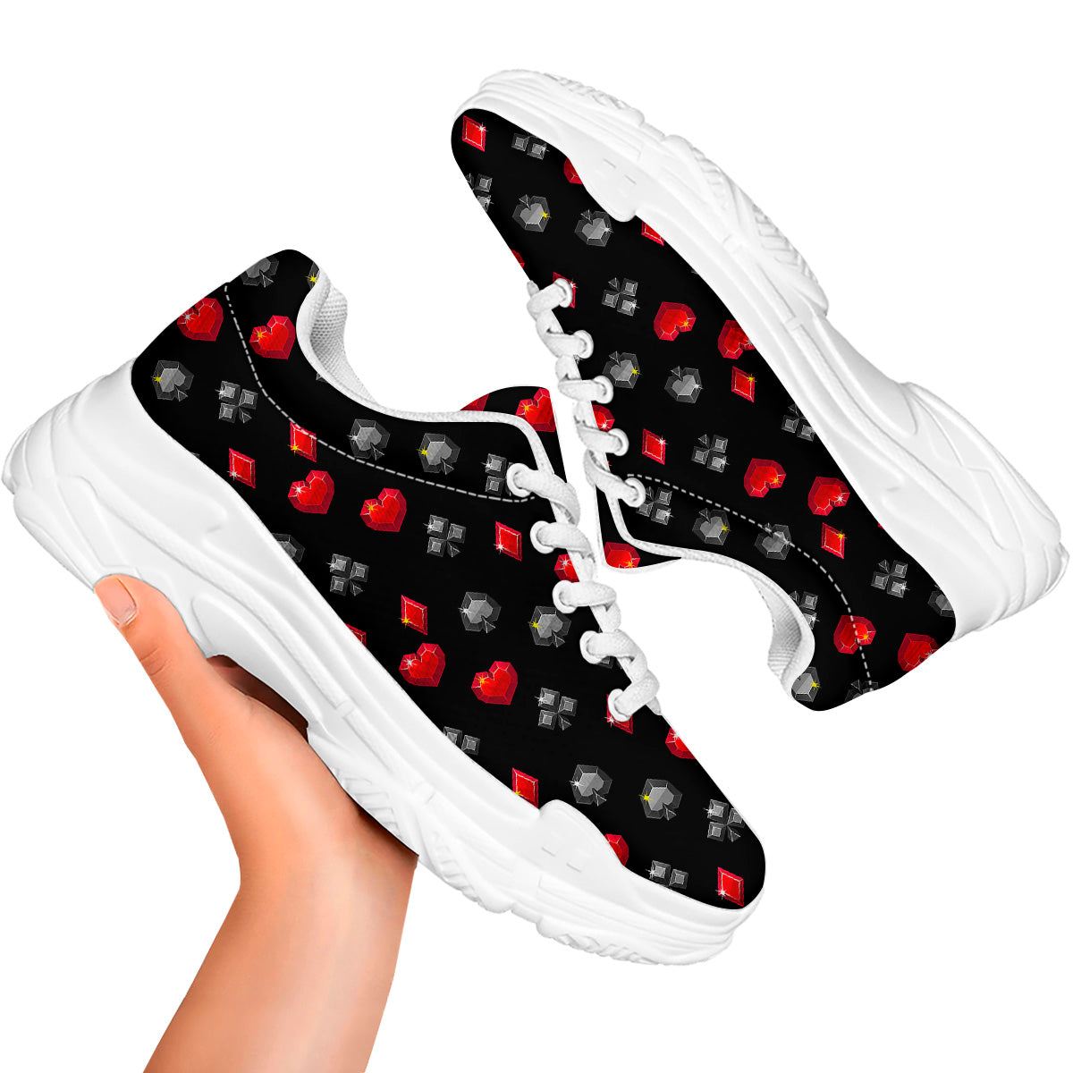 Casino Card Suits Red Black Print Pattern White Chunky Shoes-grizzshop