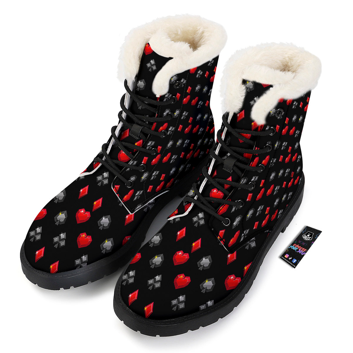 Casino Card Suits Red Black Print Pattern Winter Boots-grizzshop