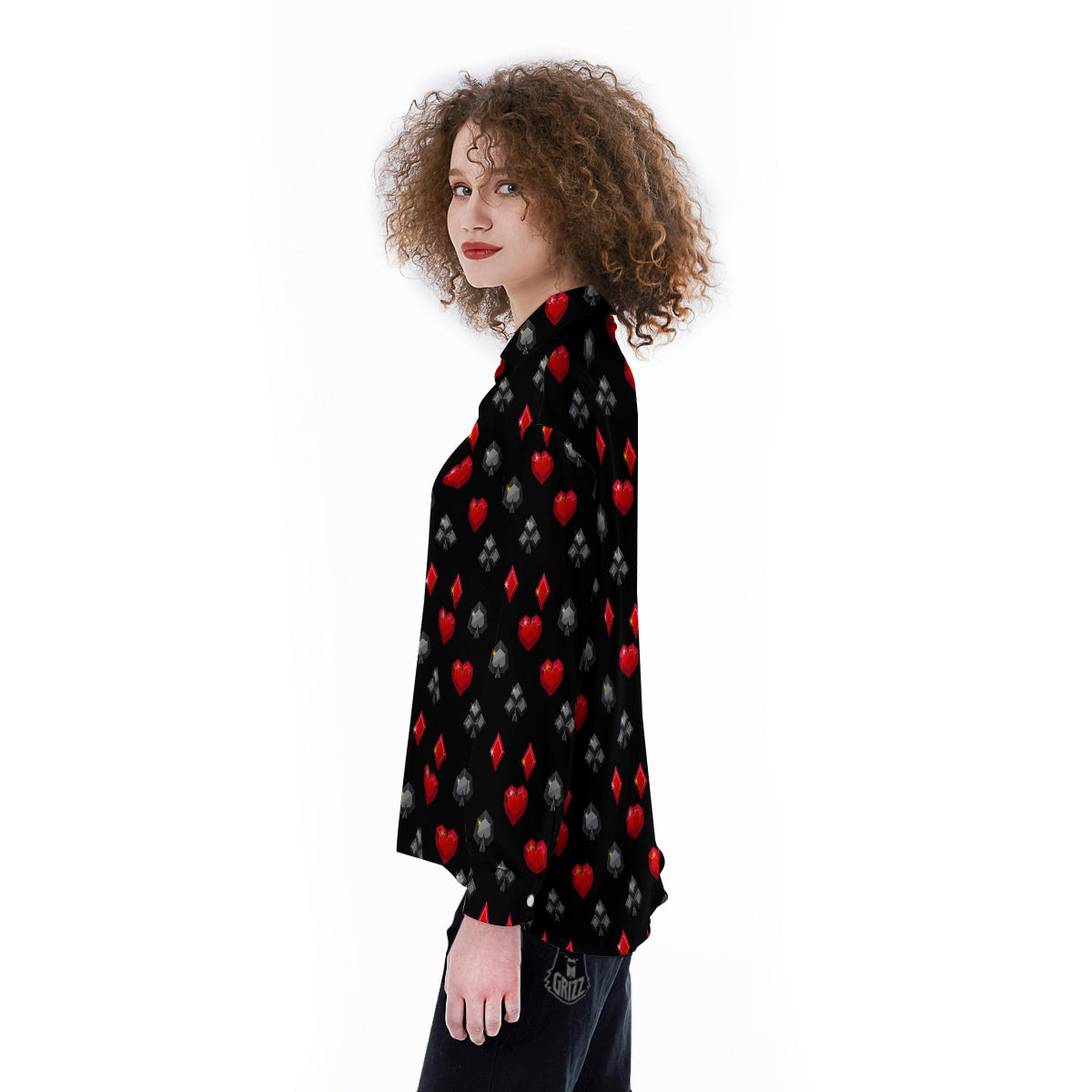Casino Card Suits Red Black Print Pattern Women's Long Sleeve Shirts-grizzshop