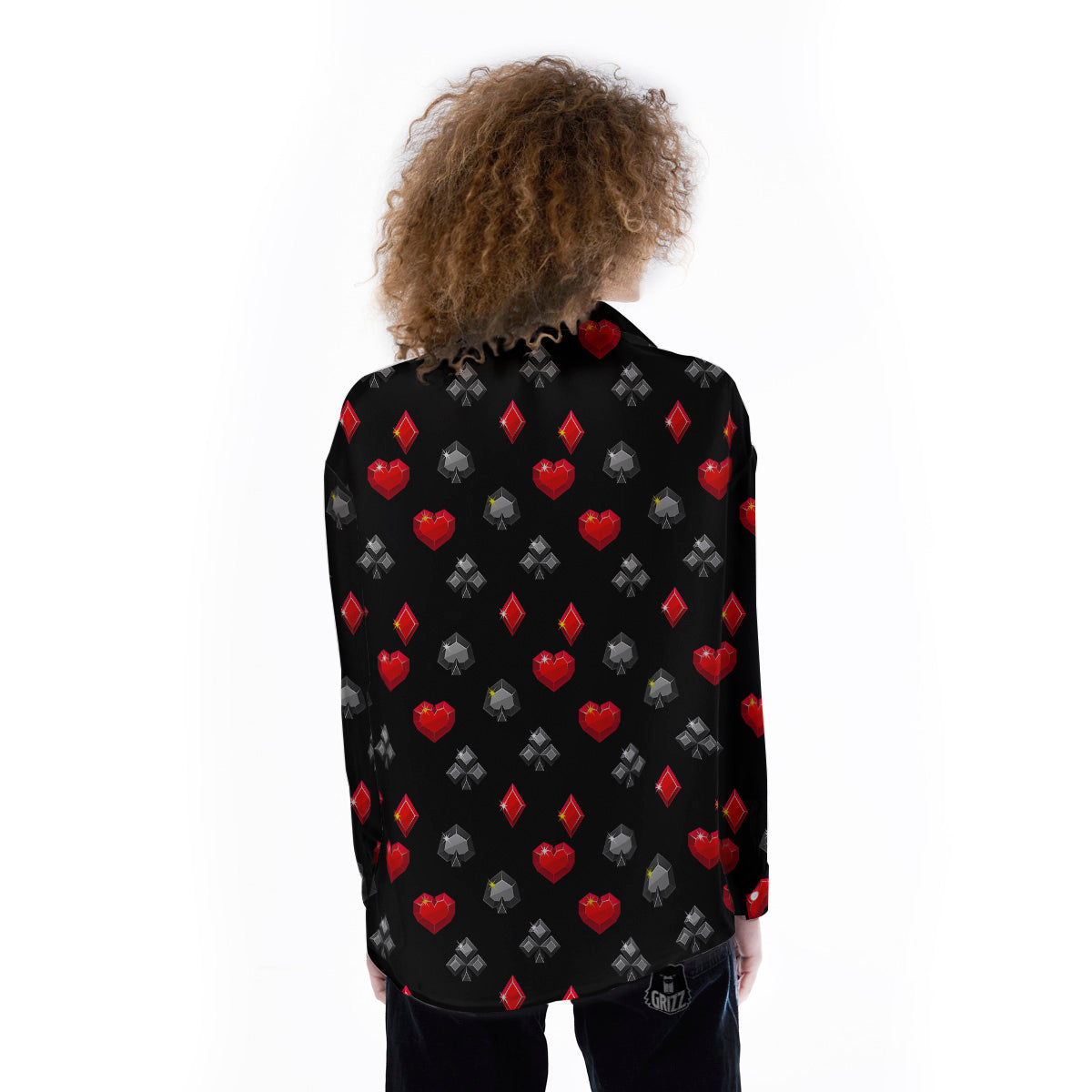 Casino Card Suits Red Black Print Pattern Women's Long Sleeve Shirts-grizzshop