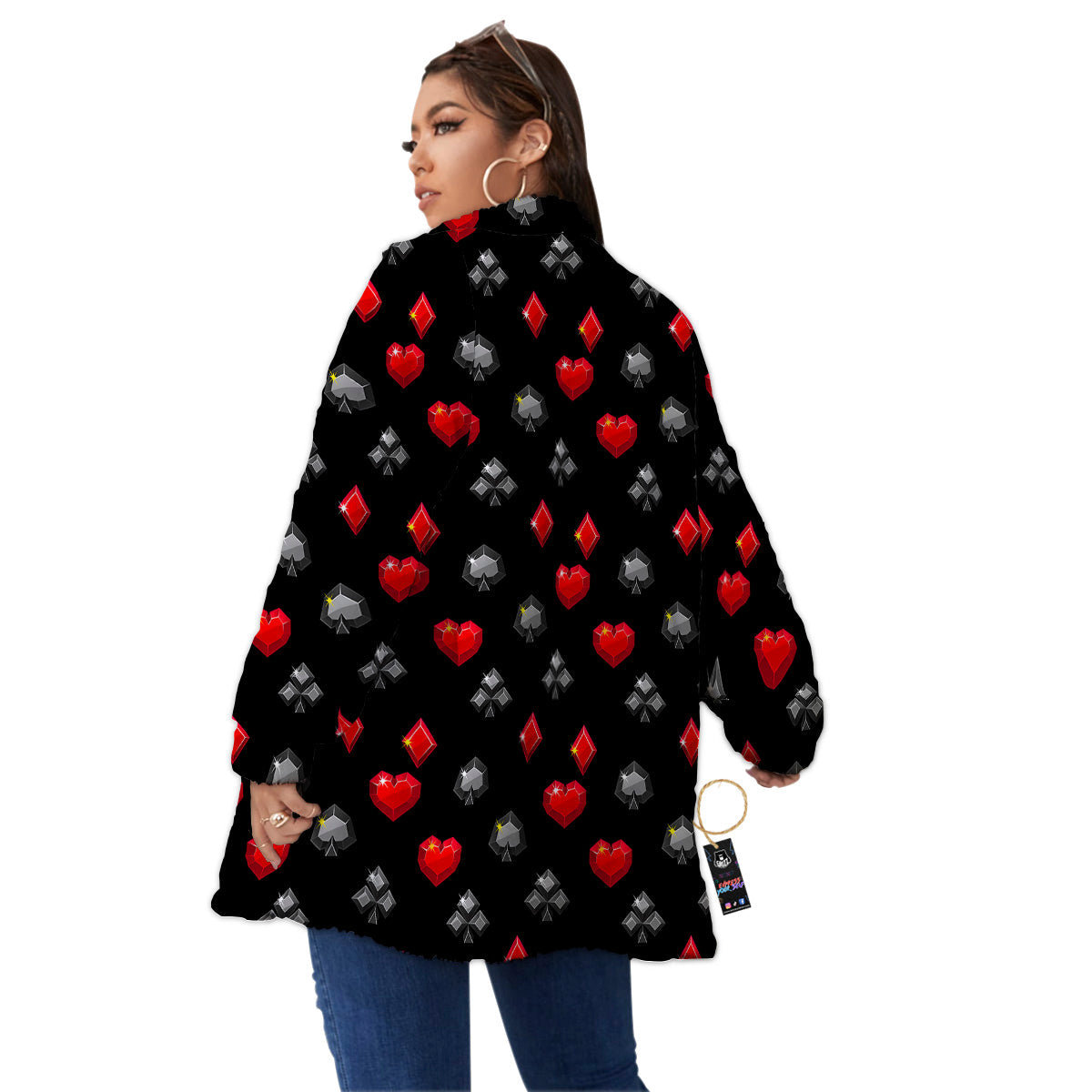 Casino Card Suits Red Black Print Pattern Women's Sherpa Jacket-grizzshop