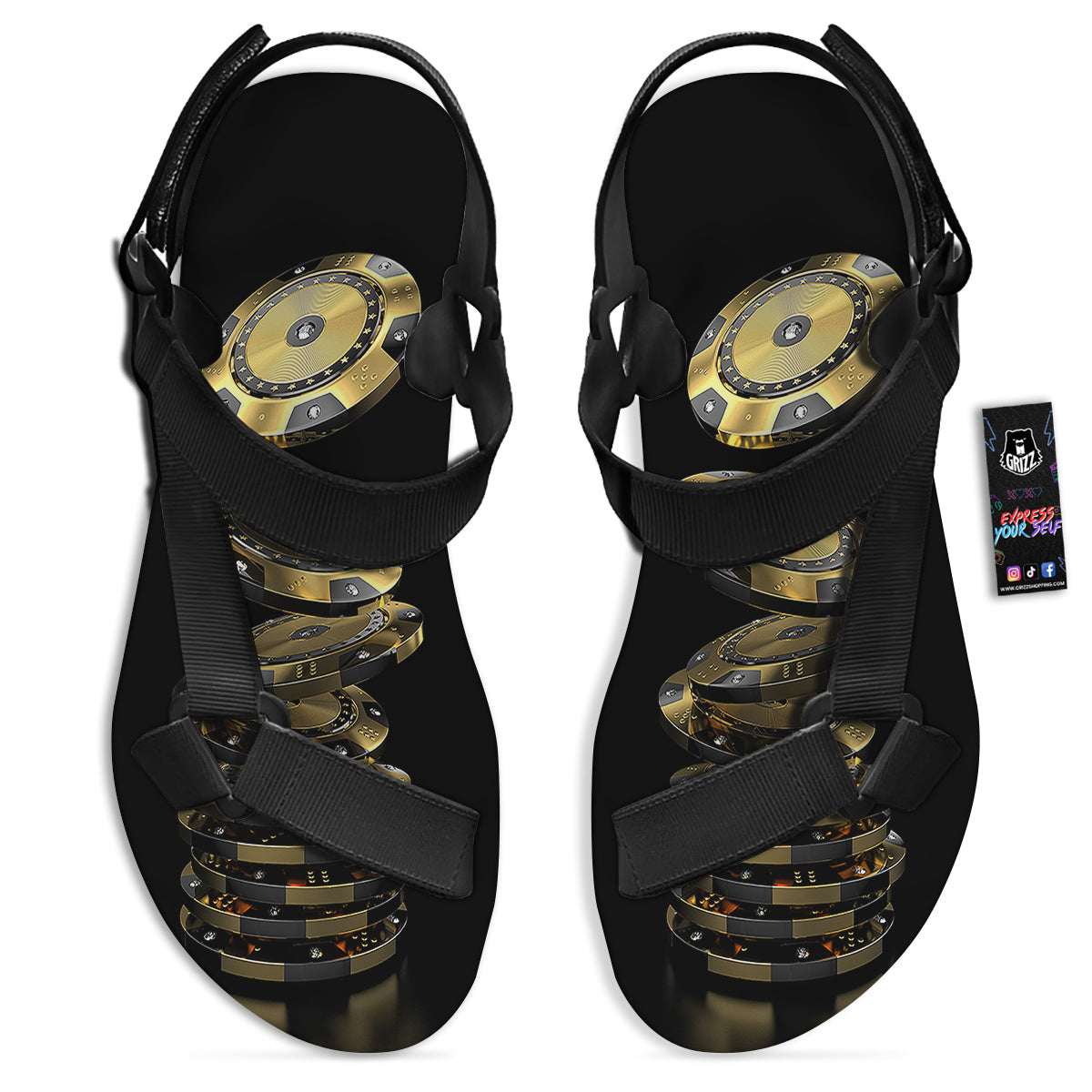Casino Chips Poker Print Black Open Toe Sandals-grizzshop