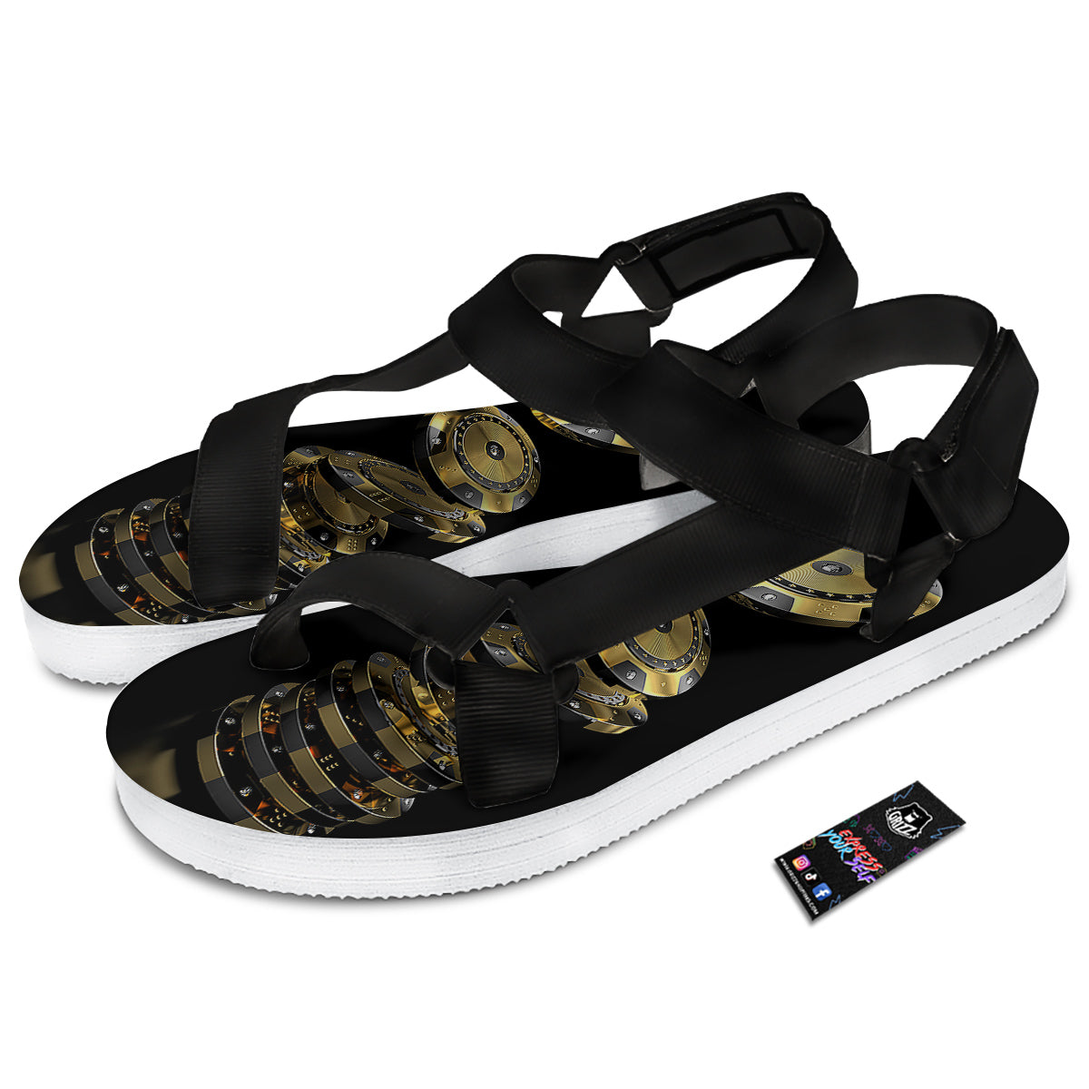 Casino Chips Poker Print Black Open Toe Sandals-grizzshop