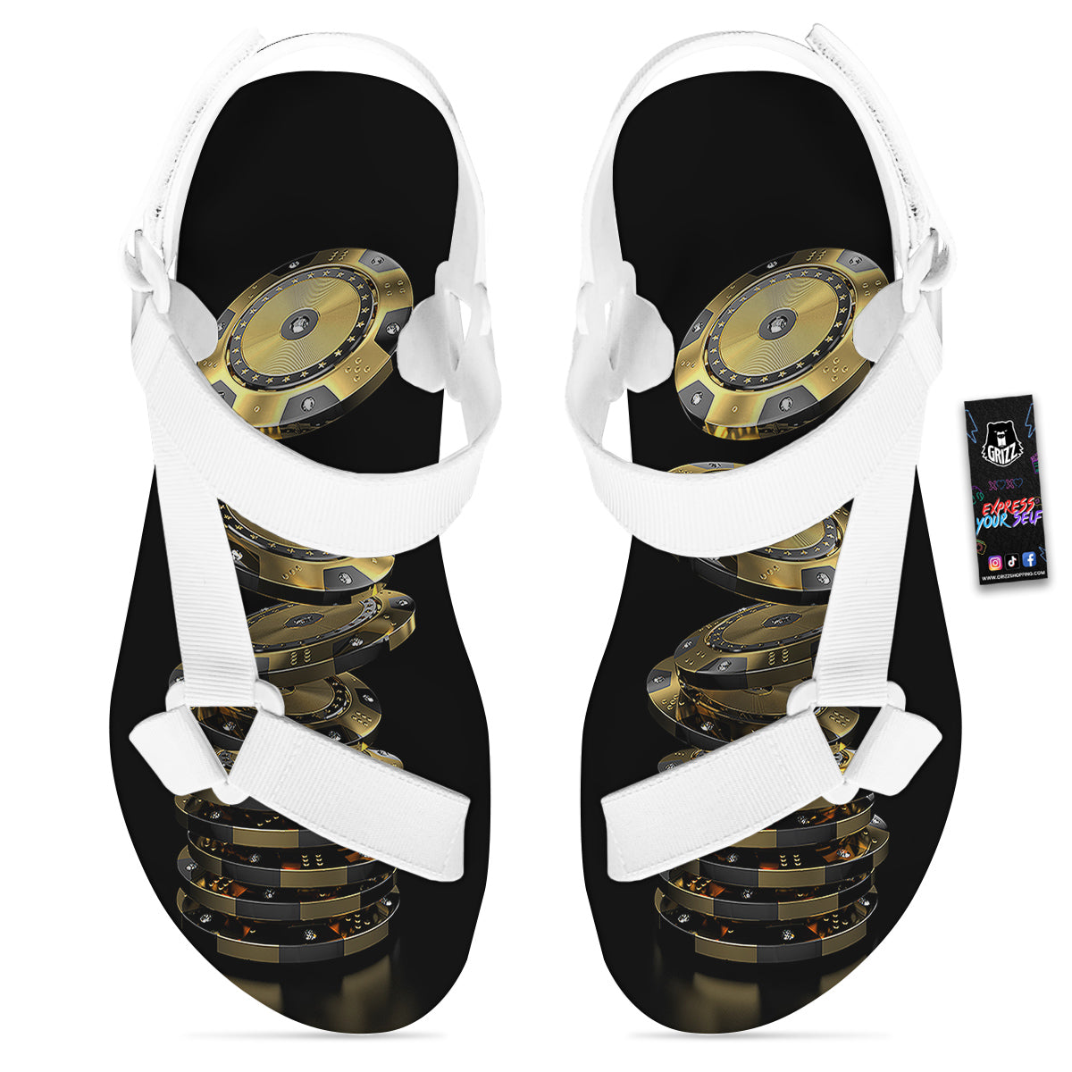 Casino Chips Poker Print White Open Toe Sandals-grizzshop